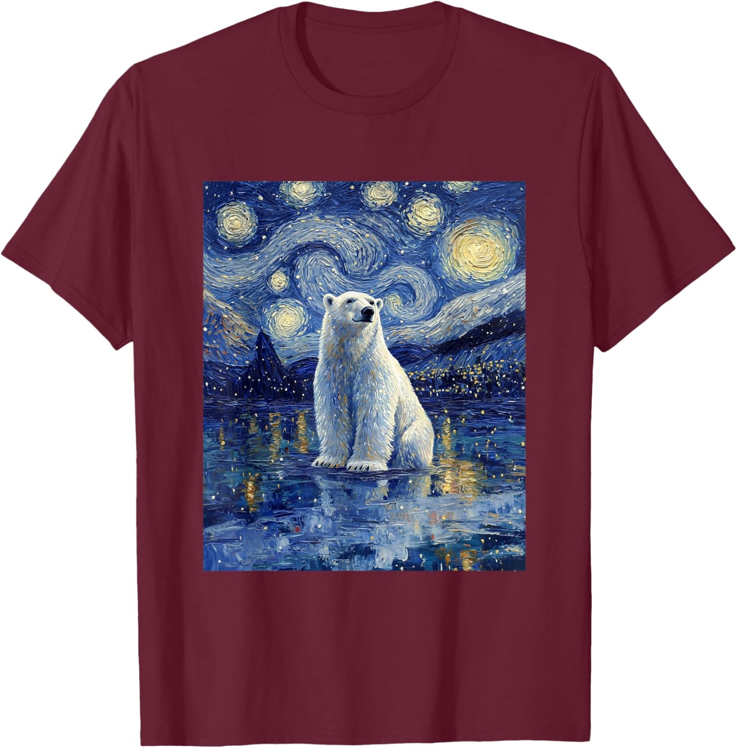 Cute Polar Bear - Van Gogh Style - Starry Night T-Shirt - T-Shirt | Maroon