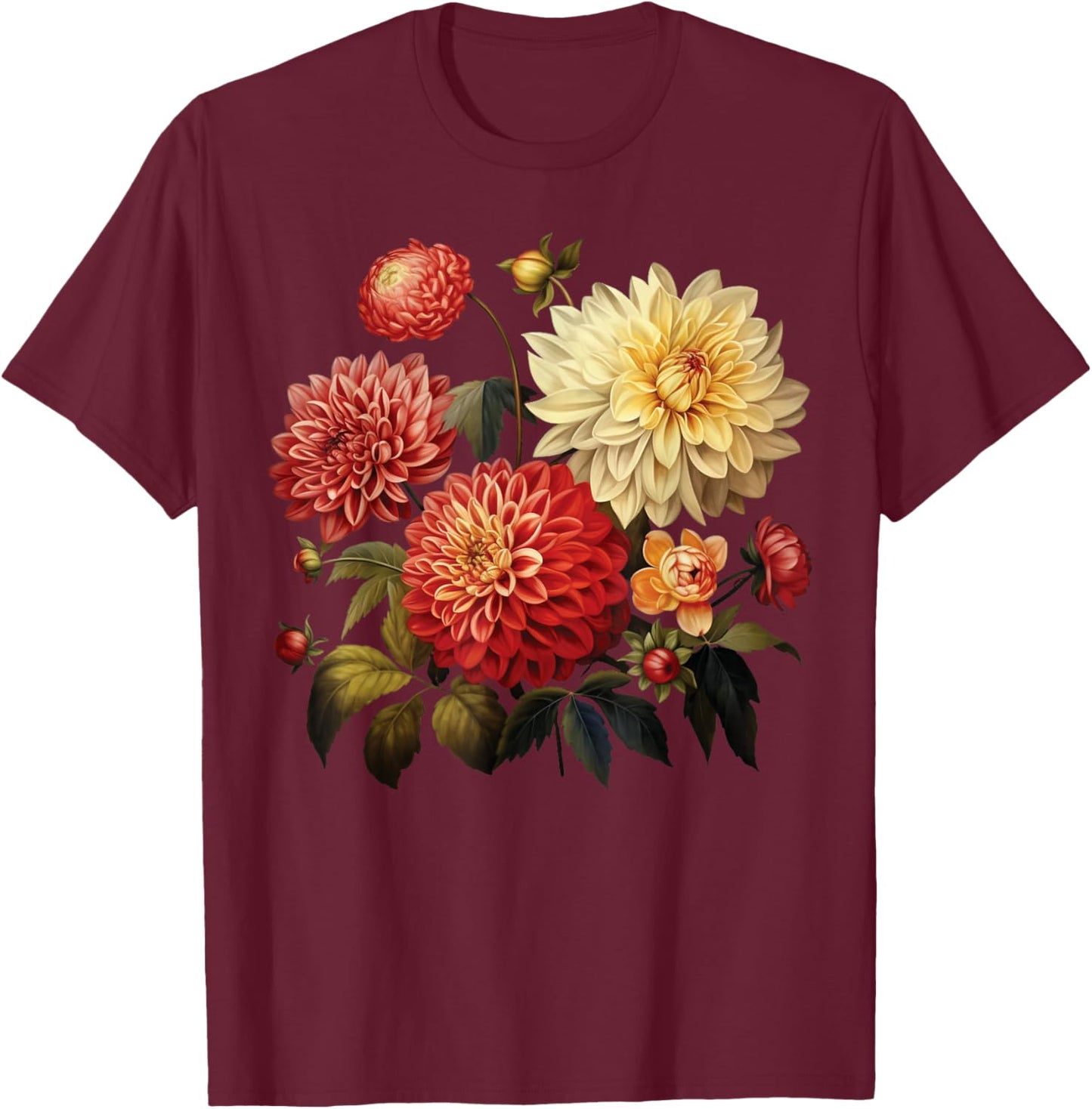 Vintage Graphic Floral Wildflower Dahlia - Women's Black Cotton 100% Short Sleeve - Small T-Shirt - T-Shirt | Maroon