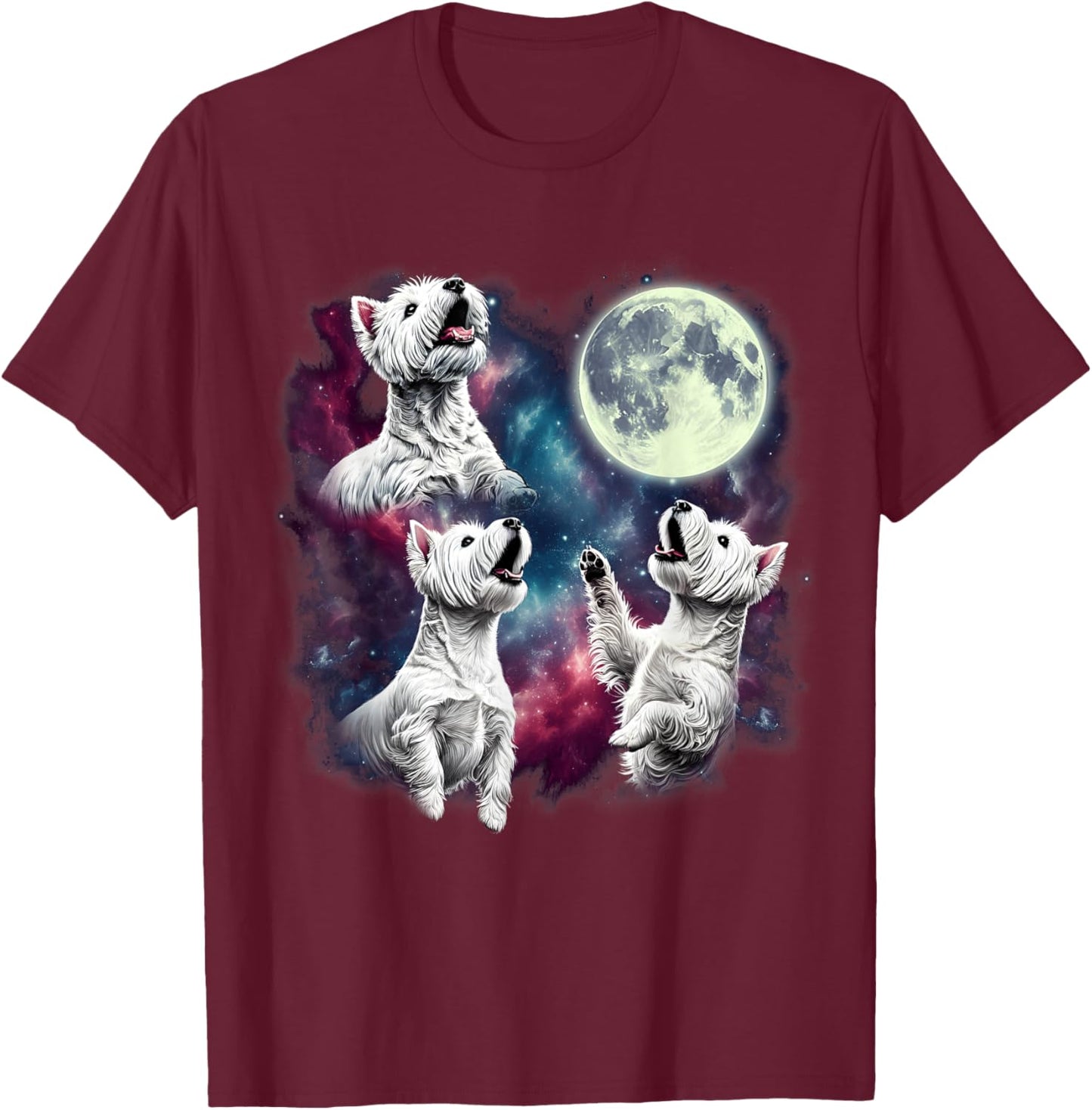Three West Highland White Terriers Howling at Moon Funny T-Shirt - T-Shirt | Maroon