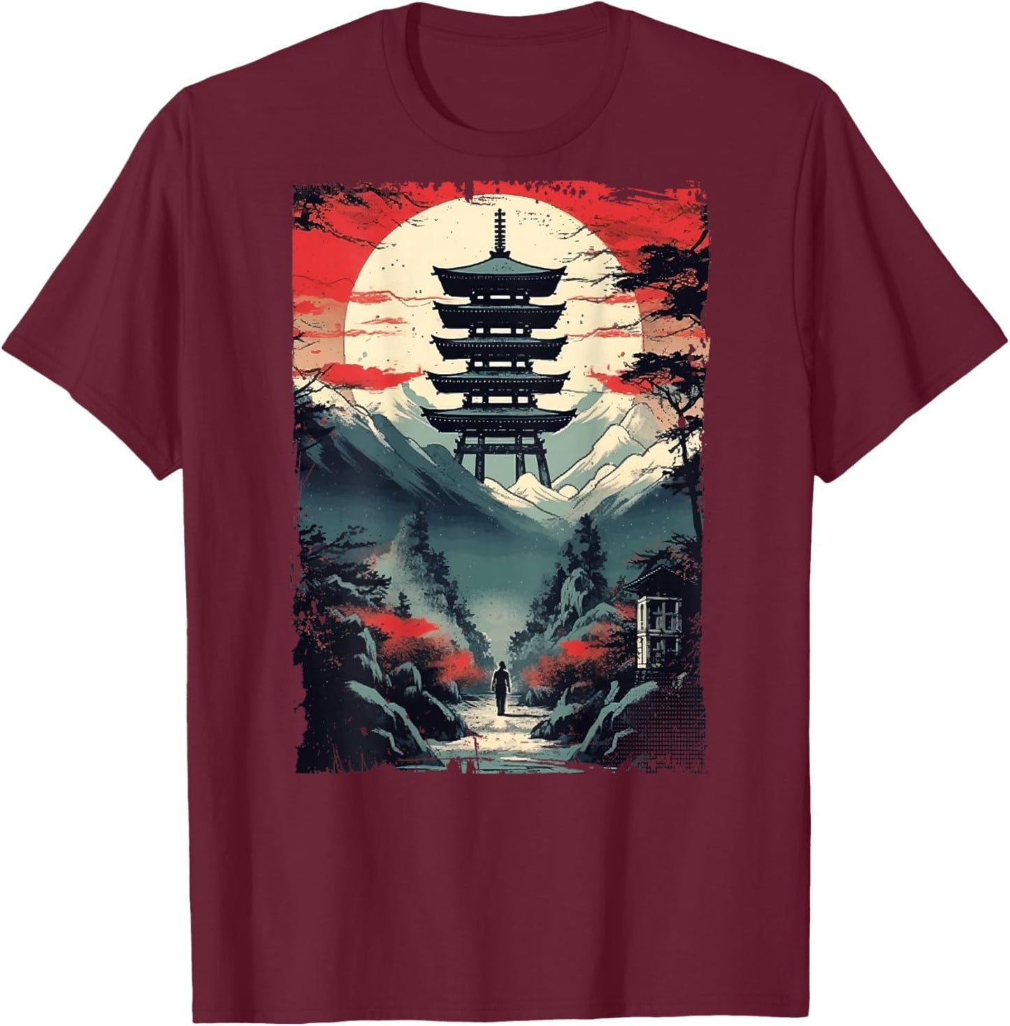 Japanese men walking Woodblock Art Spiritual (ART BACK) T-Shirt - T-Shirt | Maroon