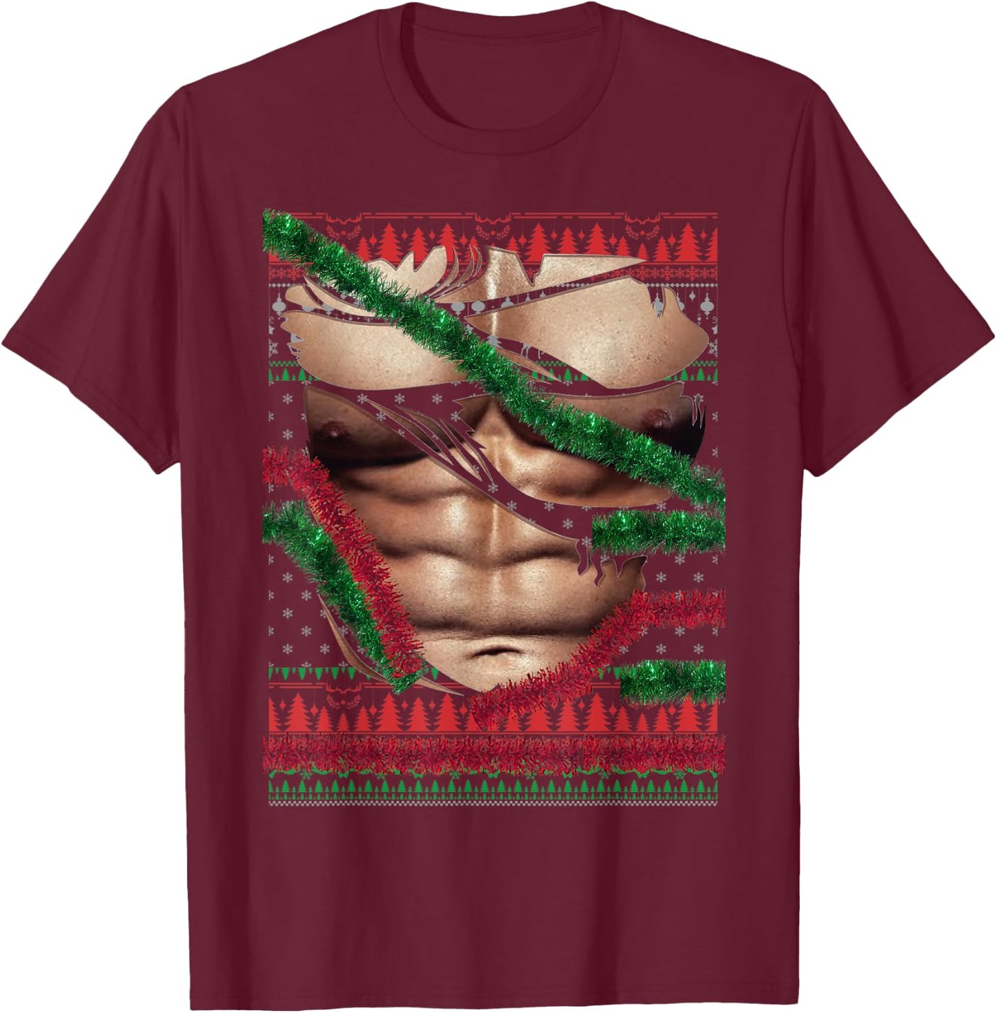 Christmas Fake Muscles Ripped Torn Chest Six Pack Abs Ugly T-Shirt - T-Shirt | Maroon