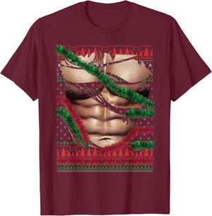 Christmas Fake Muscles Ripped Torn Chest Six Pack Abs Ugly T-Shirt - T-Shirt | Maroon