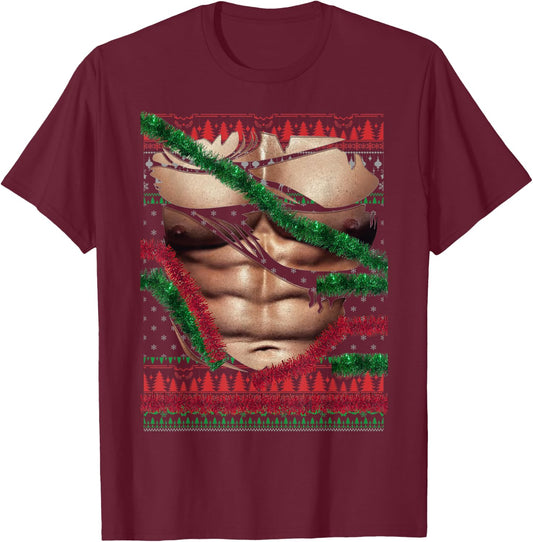Christmas Fake Muscles Ripped Torn Chest Six Pack Abs Ugly T-Shirt - T-Shirt | Maroon