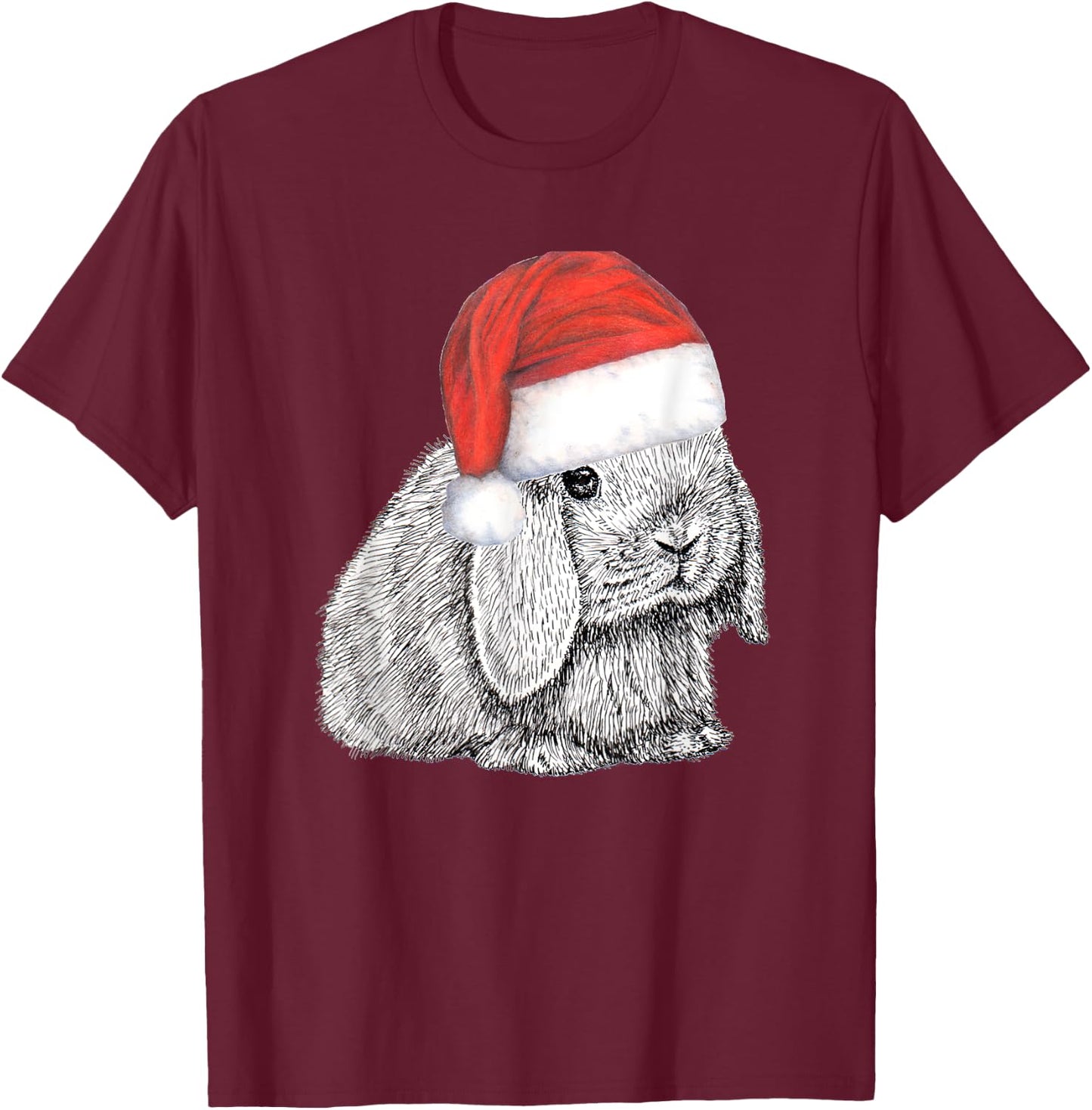 Dwarf Lop Eared Bunny Rabbit In Santa Claus Christmas Hat T-Shirt - T-Shirt | Maroon