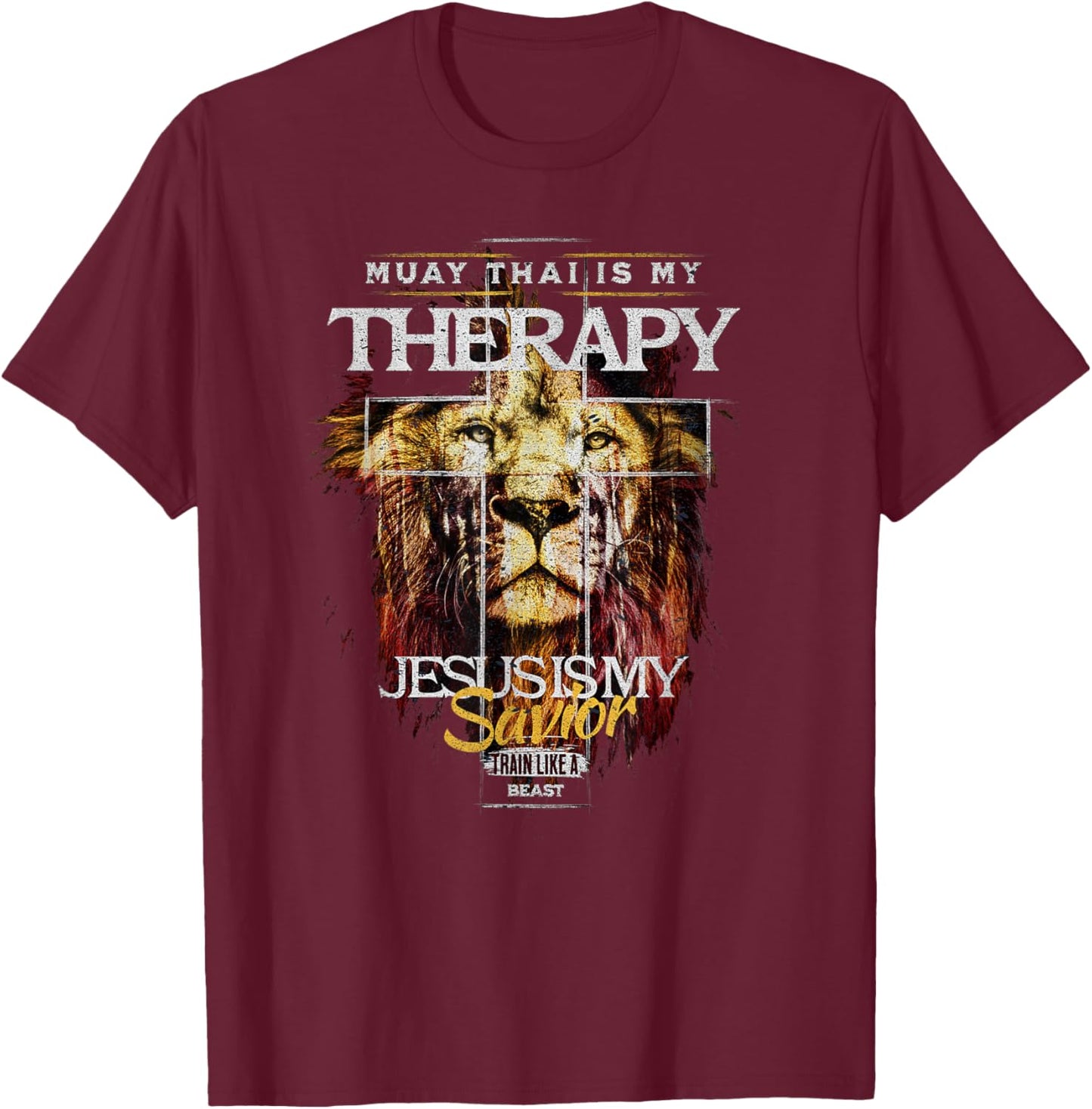 Muay Thai Is My Therapy :: Jesus My Savior MMA Fighter Lion T-Shirt - T-Shirt | Maroon