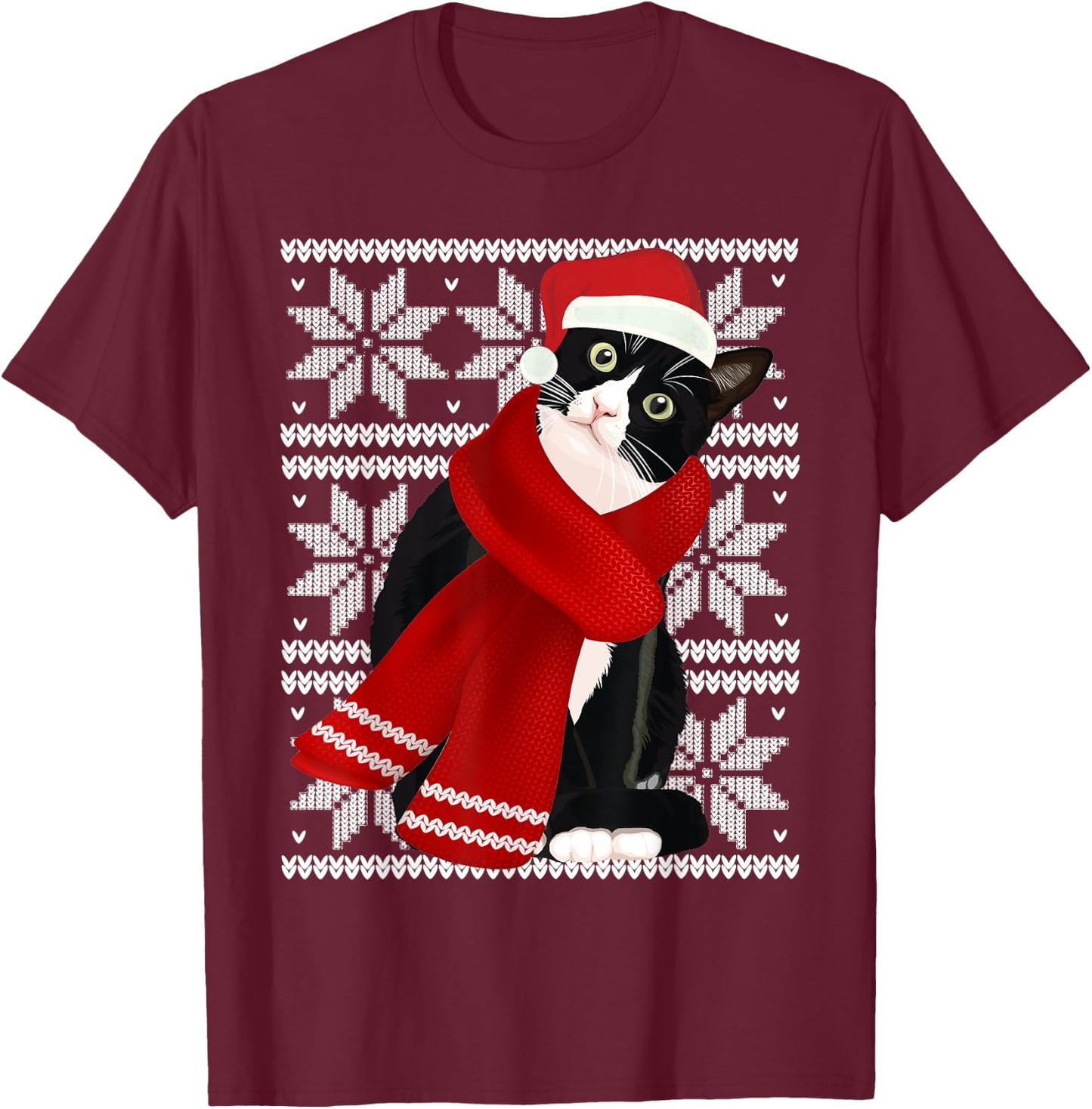 Ugly Christmas Black Cat Santa Hat Scarf Holiday Cute Men Women Kids T-Shirt - T-Shirt | Maroon