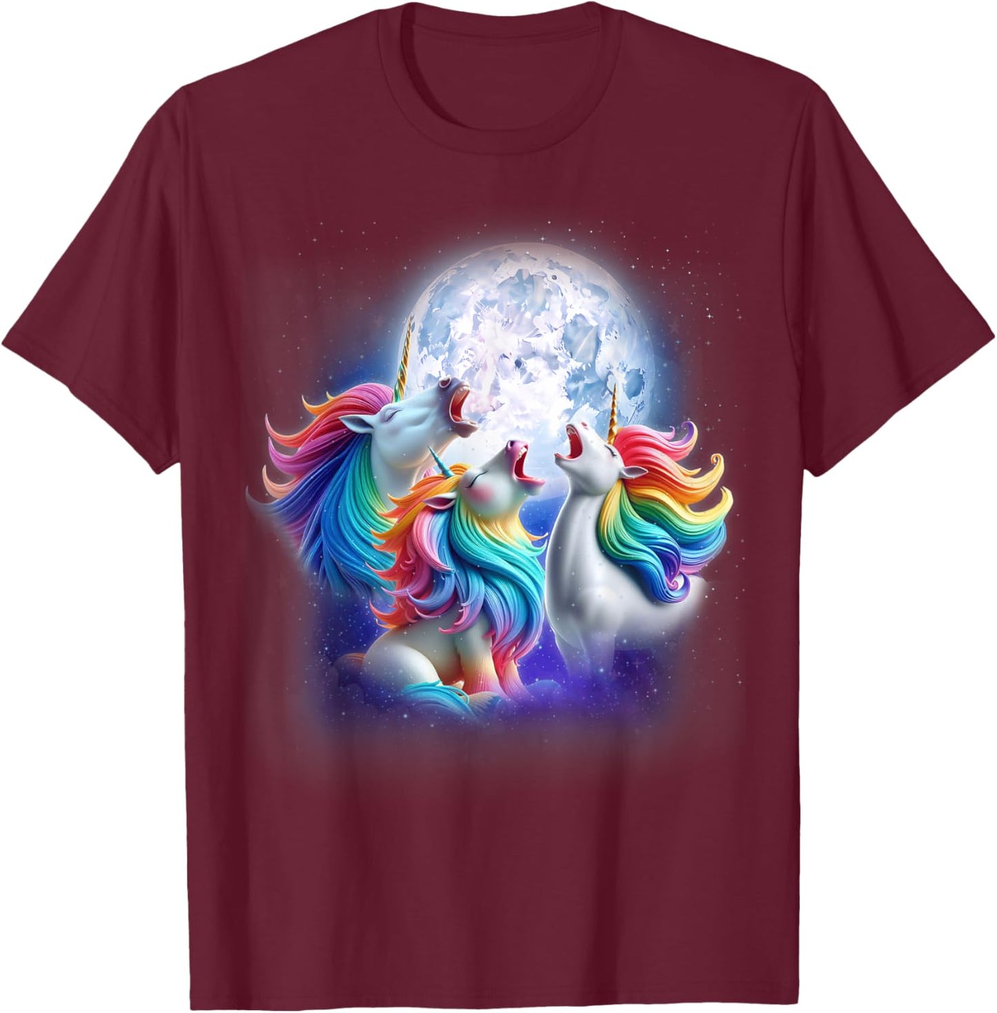 3 Unicorns Howling At The Moon Funny Mythical Unicorn Lover T-Shirt - T-Shirt | Maroon