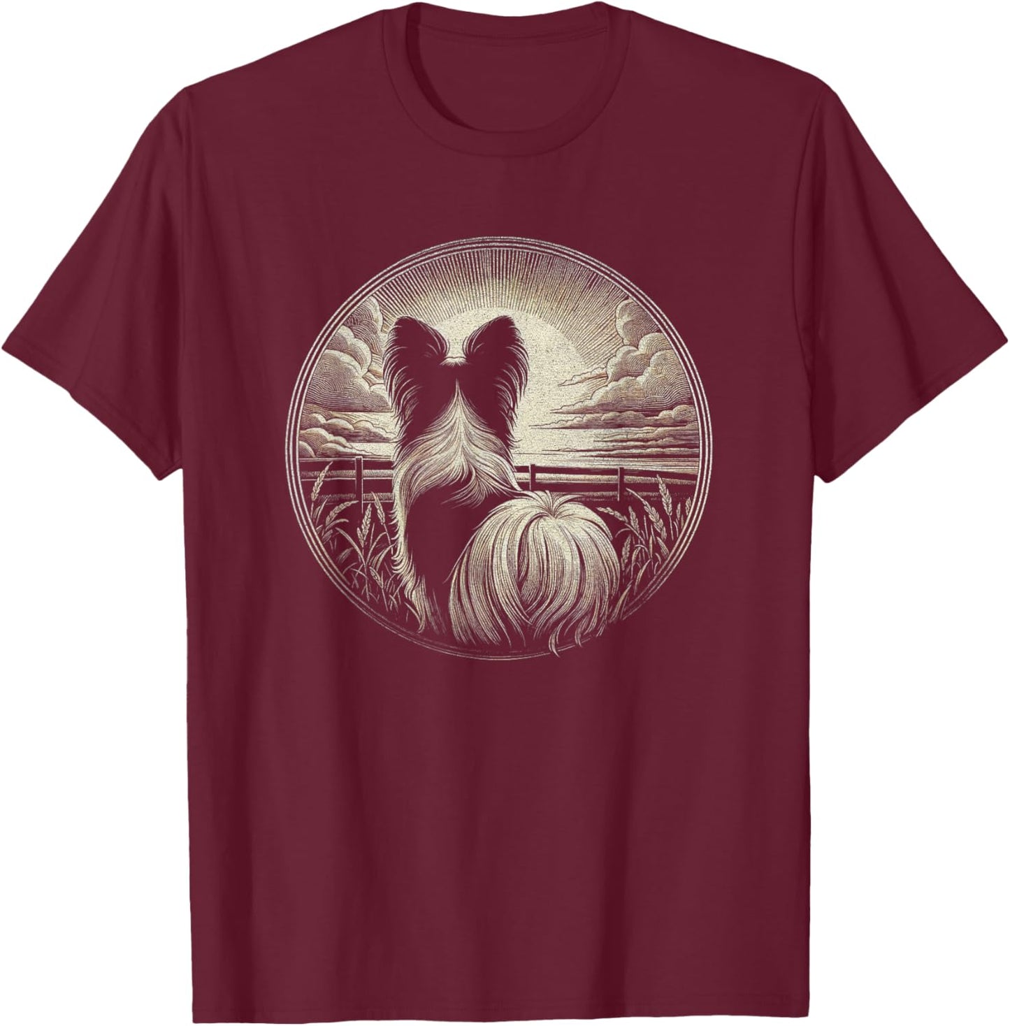 Vintage Papillon Dog Nature Scene Graphic Art Design T-Shirt - T-Shirt | Maroon