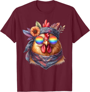 Cute Hippie Chicken with Glasses and Bandana T-Shirt - T-Shirt | Maroon