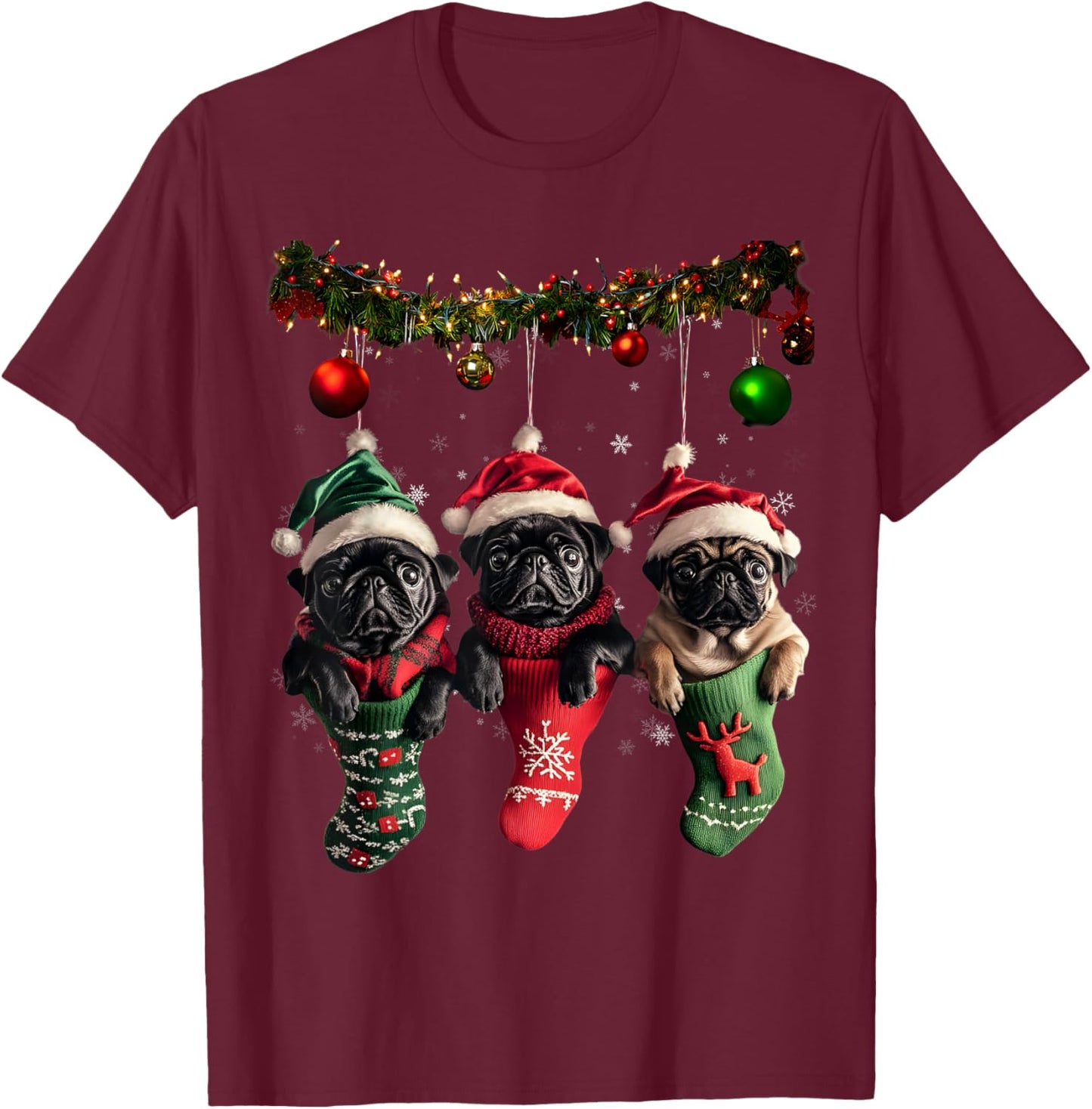 Black Pug Christmas Lights Funny Xmas Dog Lover T-Shirt - T-Shirt | Maroon