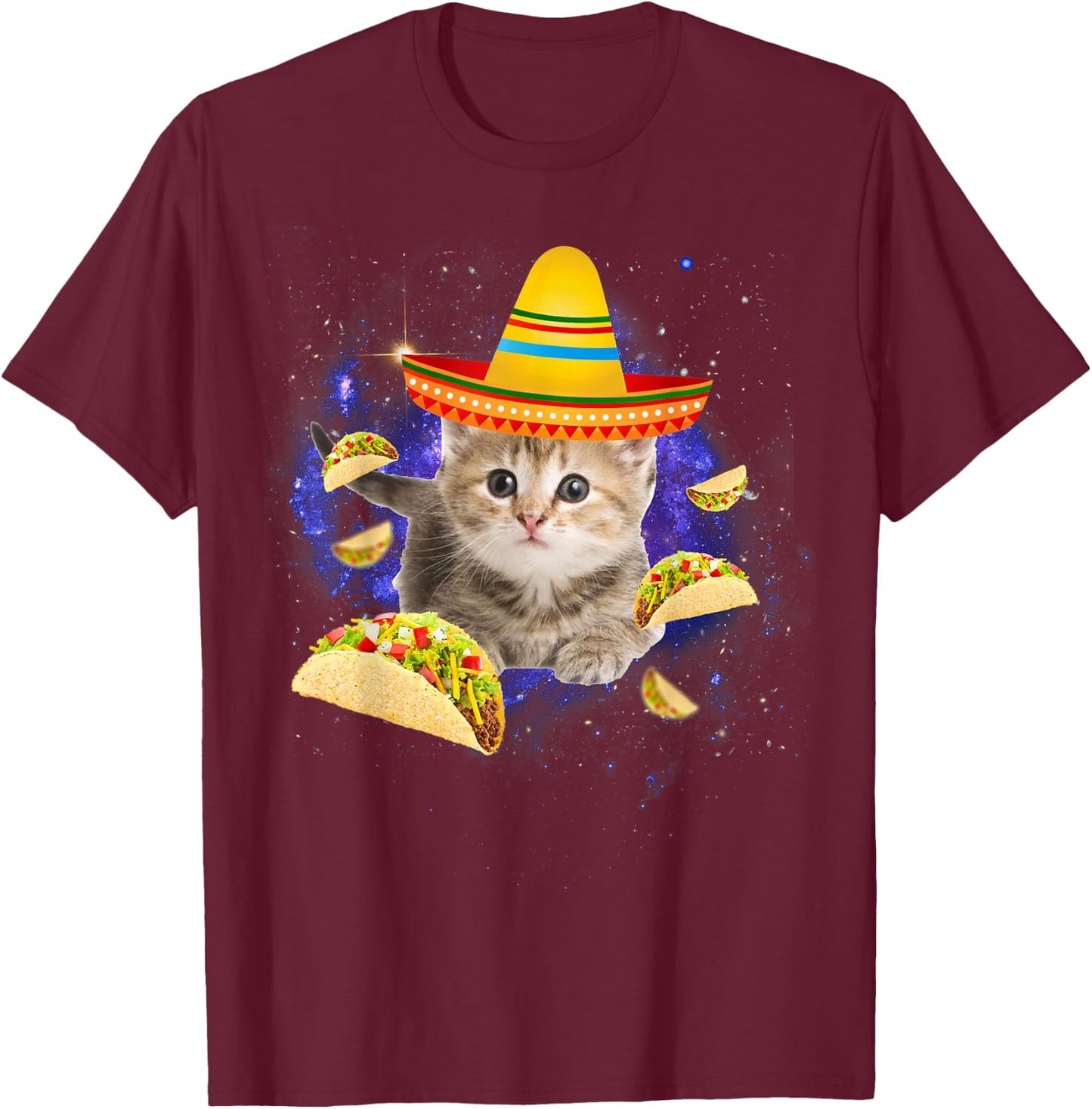 Taco Cat Galaxy Mexican Cat Cinco de Mayo Women Kids T-Shirt - T-Shirt | Maroon