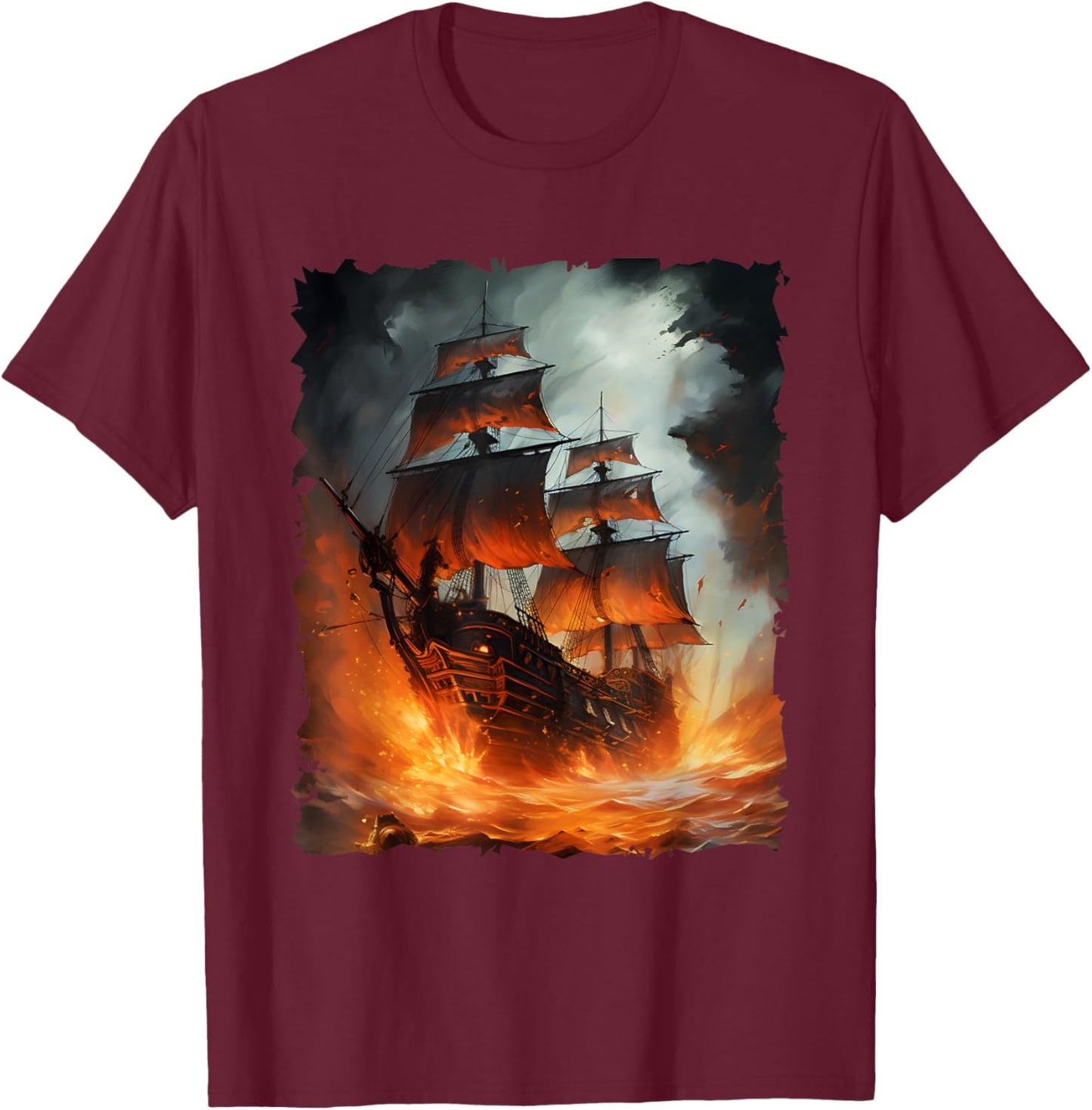Colorful Pirate Ship Sailing Storm Ship Sails T-Shirt - T-Shirt | Maroon