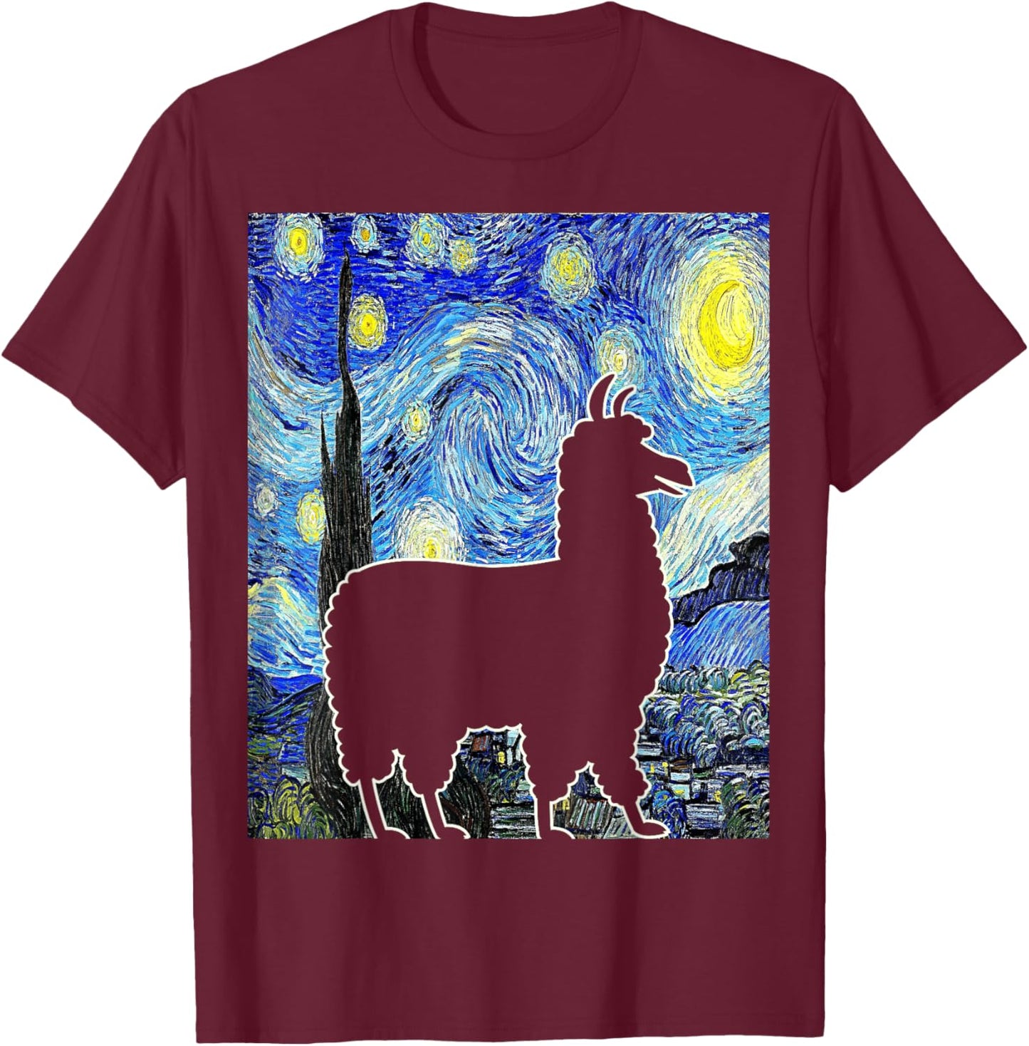 Llama Starry Night Alpaca Van Gogh Llama Painting T-Shirt - T-Shirt | Maroon