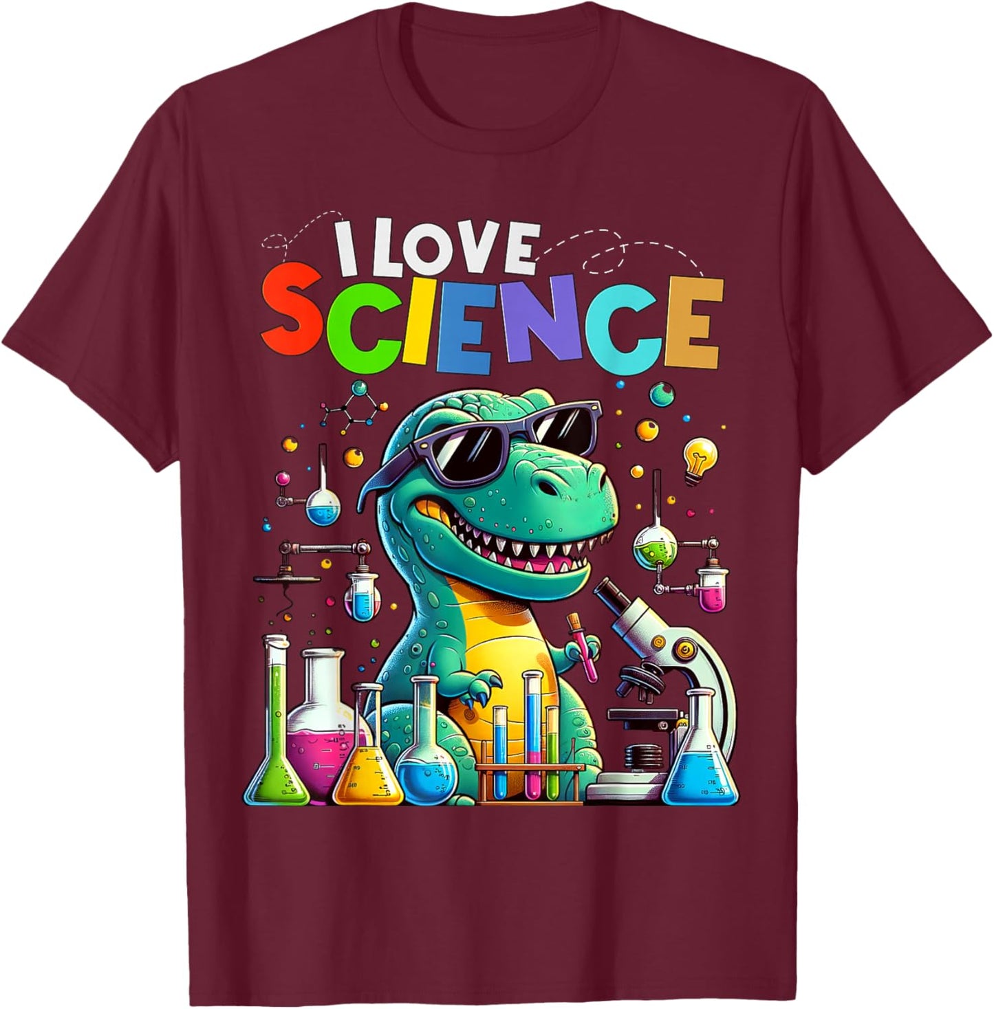 I Love Science Dinosaur T-rex Funny Kids Chemistry T-Shirt - T-Shirt | Maroon
