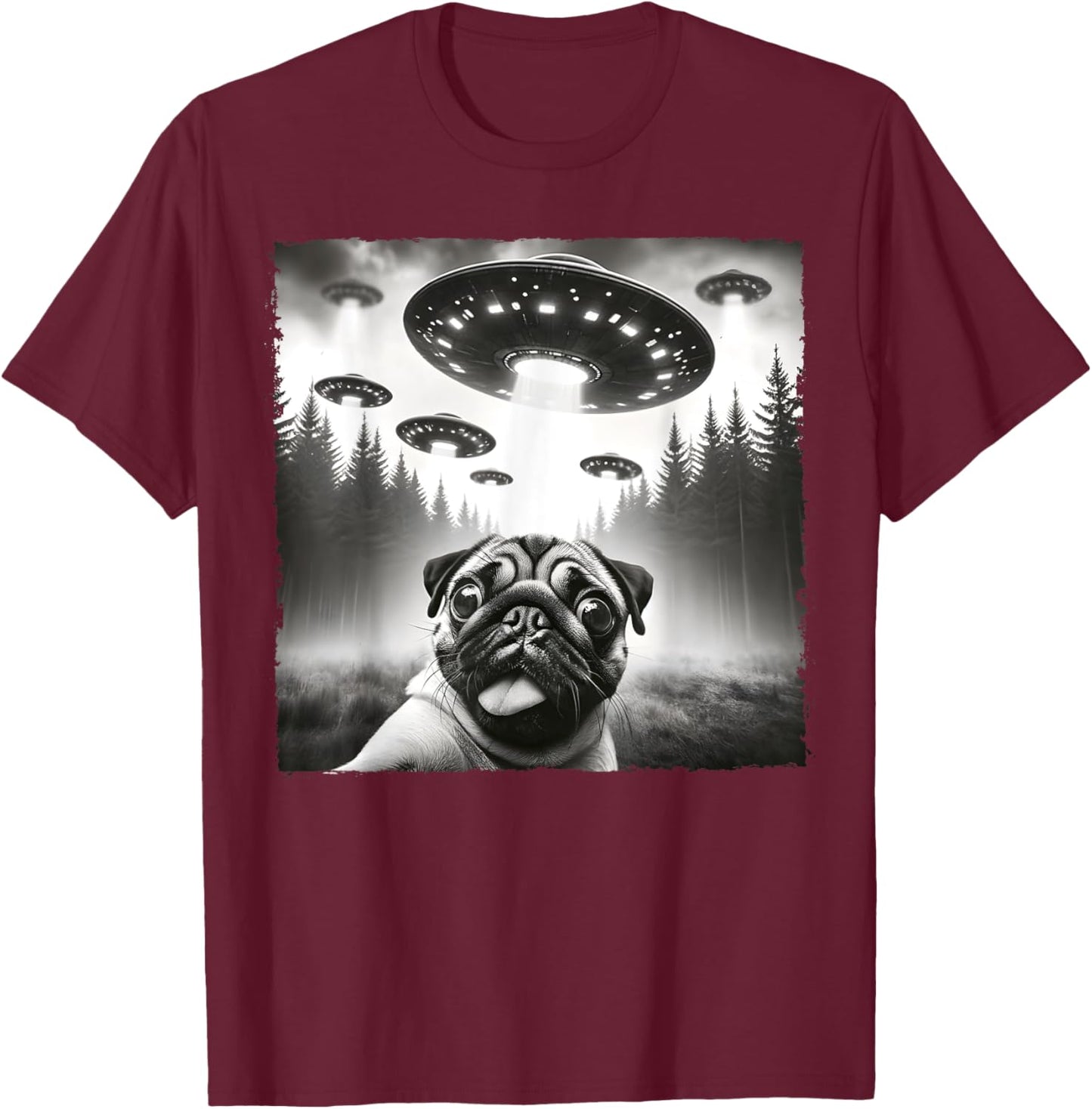Funny Meme Pug UFO Retro Alien Pug Dog UFO Selfie Invasion T-Shirt - T-Shirt | Maroon