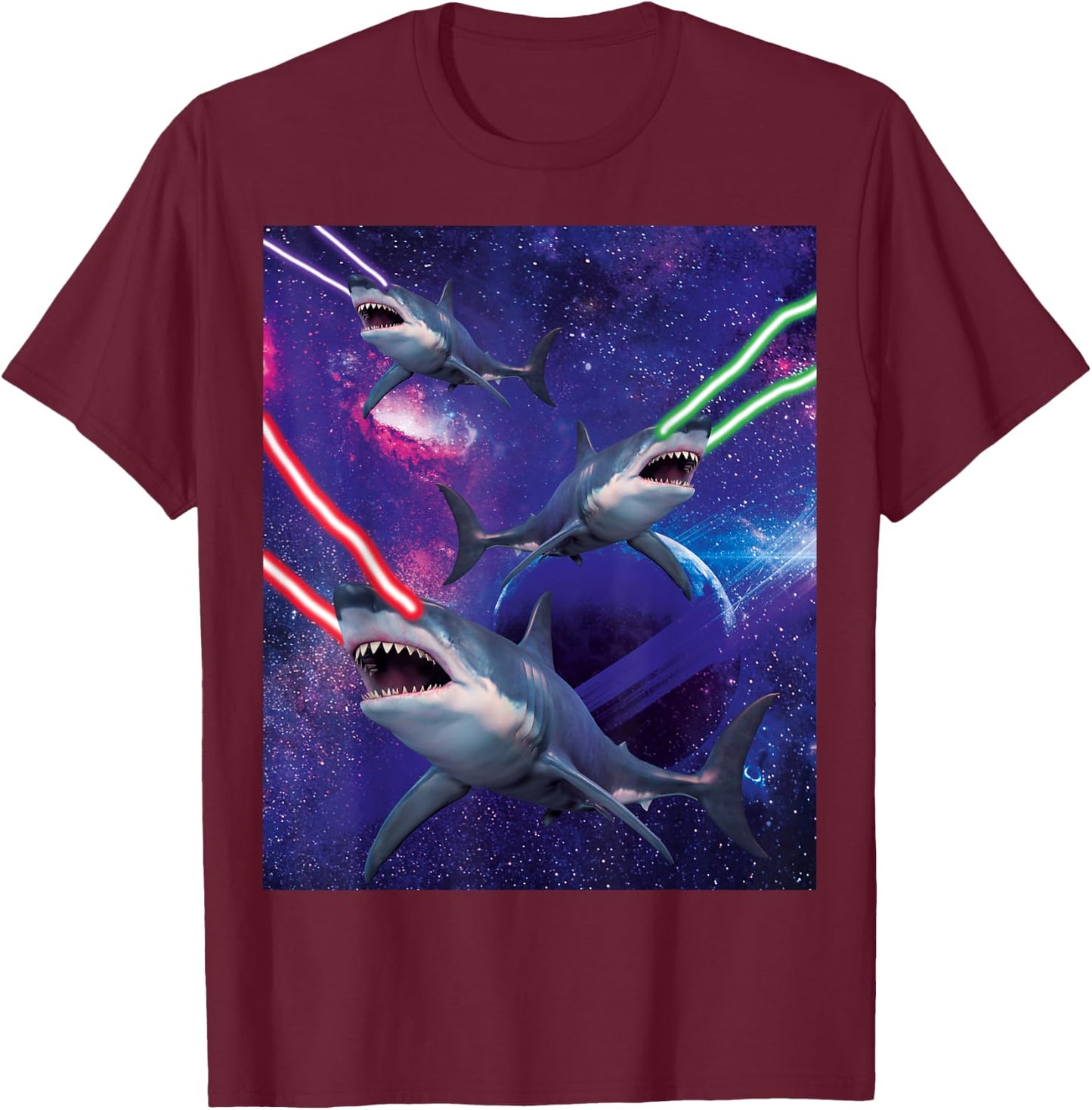 Galactic Space Sharks Attack With Lasers Funny Shark T-Shirt - T-Shirt | Maroon