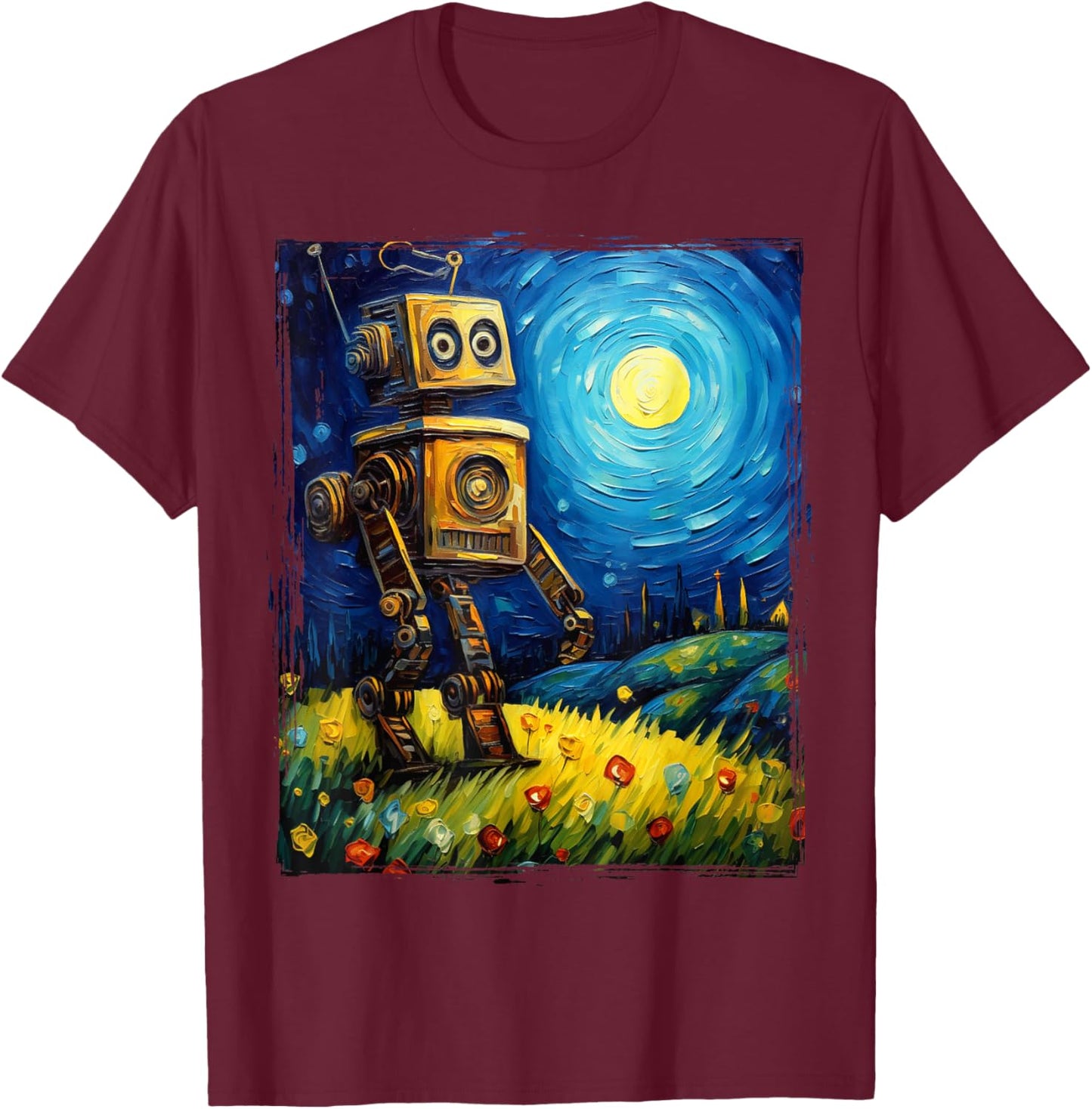 Vintage Robot Art Van Gogh Toy Robot Builder Robotics T-Shirt - T-Shirt | Maroon
