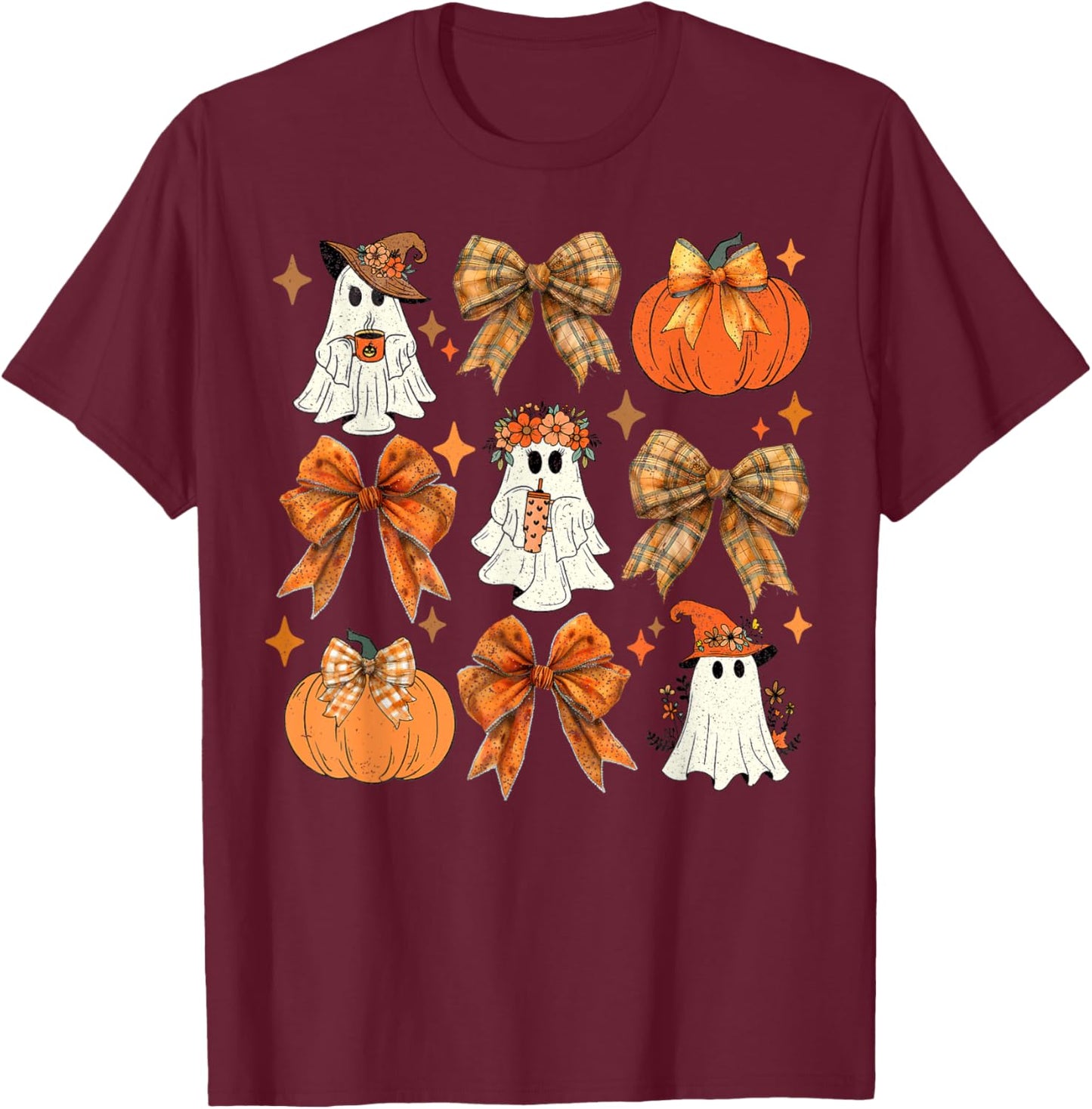 Funny Halloween Fall Coquette Bow Pumpkin Cute Ghost Costume T-Shirt - T-Shirt | Maroon