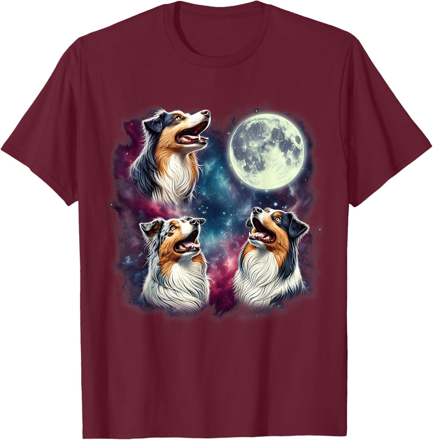 Three Australian Shepherds Howling at Moon Funny Weird Meme T-Shirt - T-Shirt | Maroon