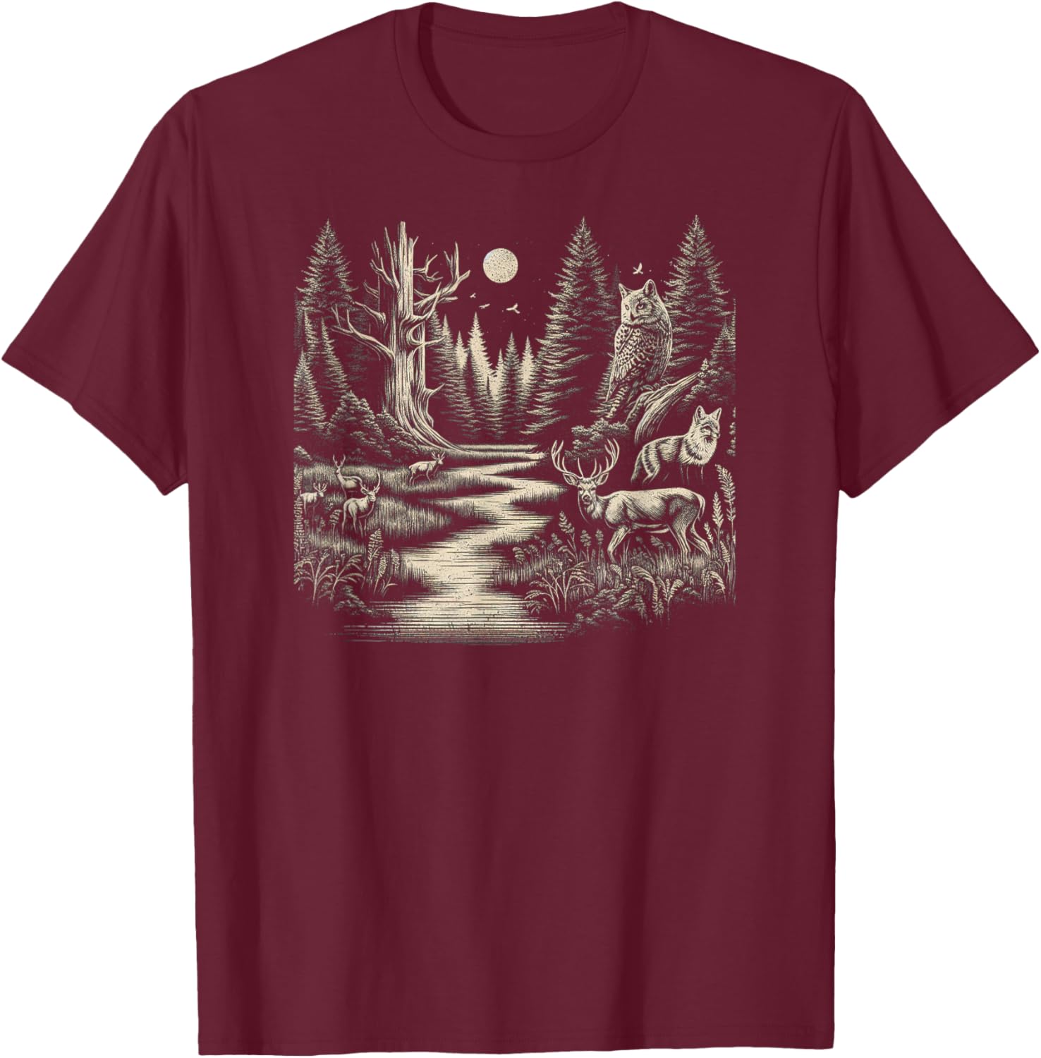 Forest Wildlife Scenic Art T-Shirt - T-Shirt | Maroon