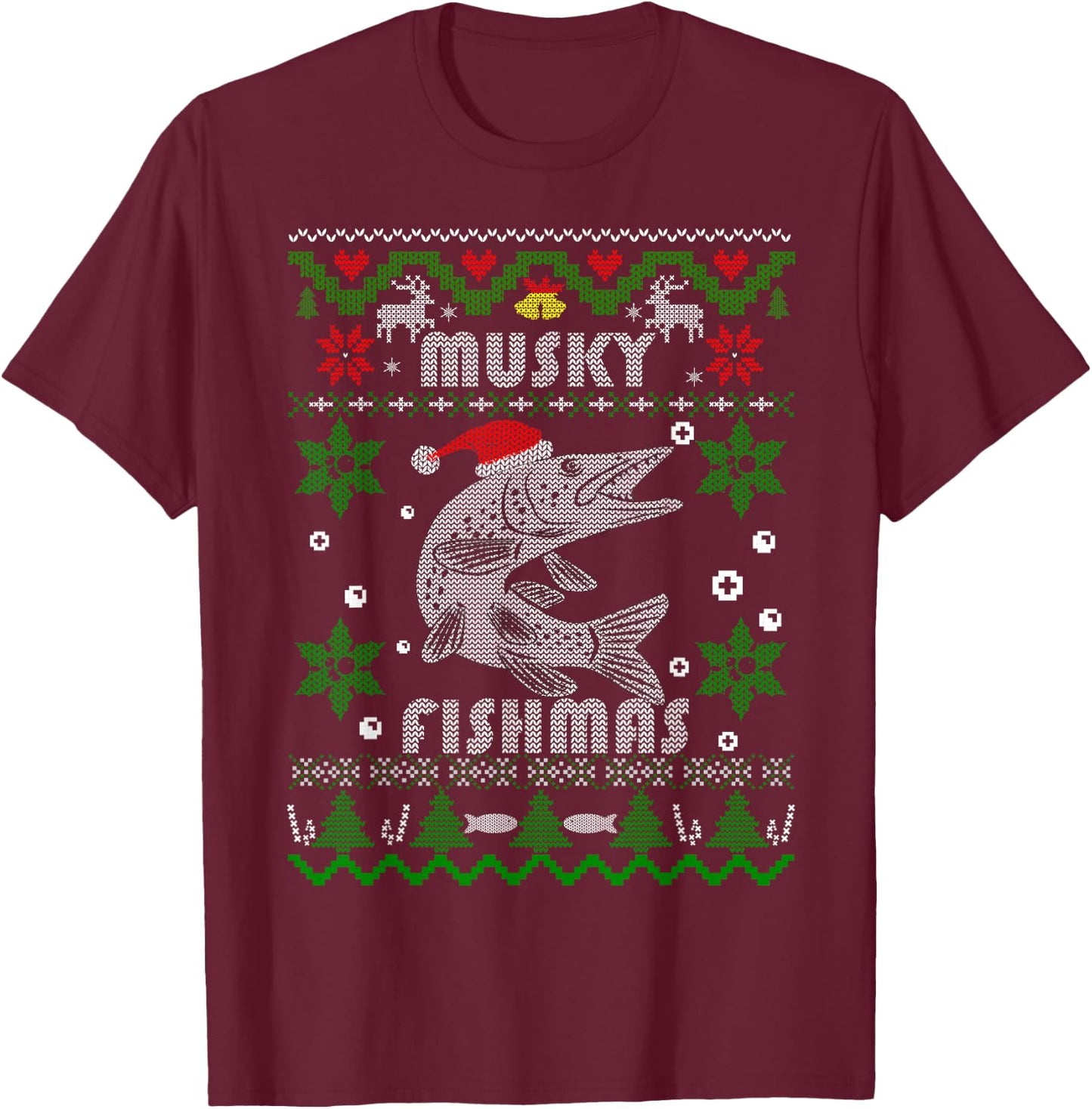 Muskie Angler Fishmas Musky Fishing Gifts Ugly Christmas T-Shirt - T-Shirt | Maroon
