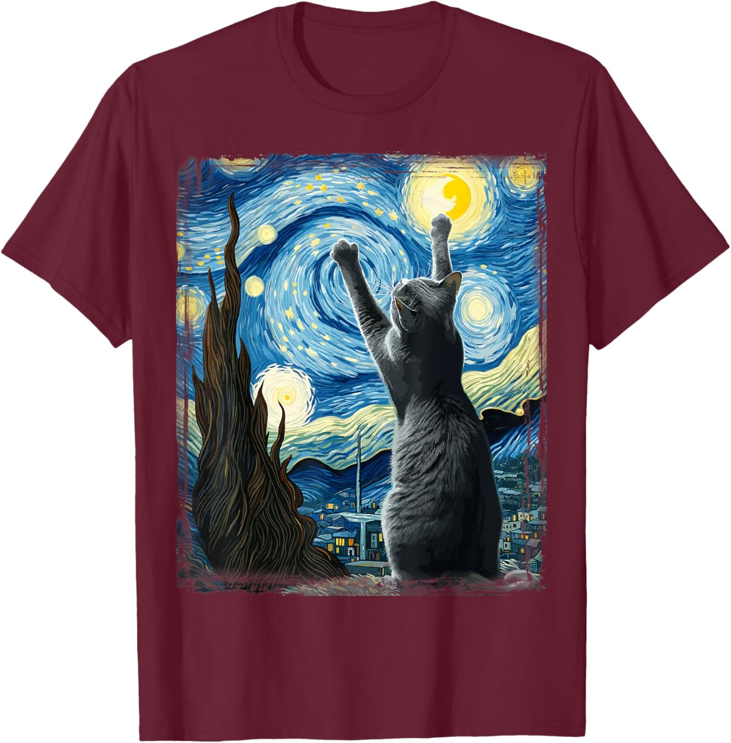 Van Gogh Starry Night Style Artistic Russian Blue Cat T-Shirt - T-Shirt | Maroon