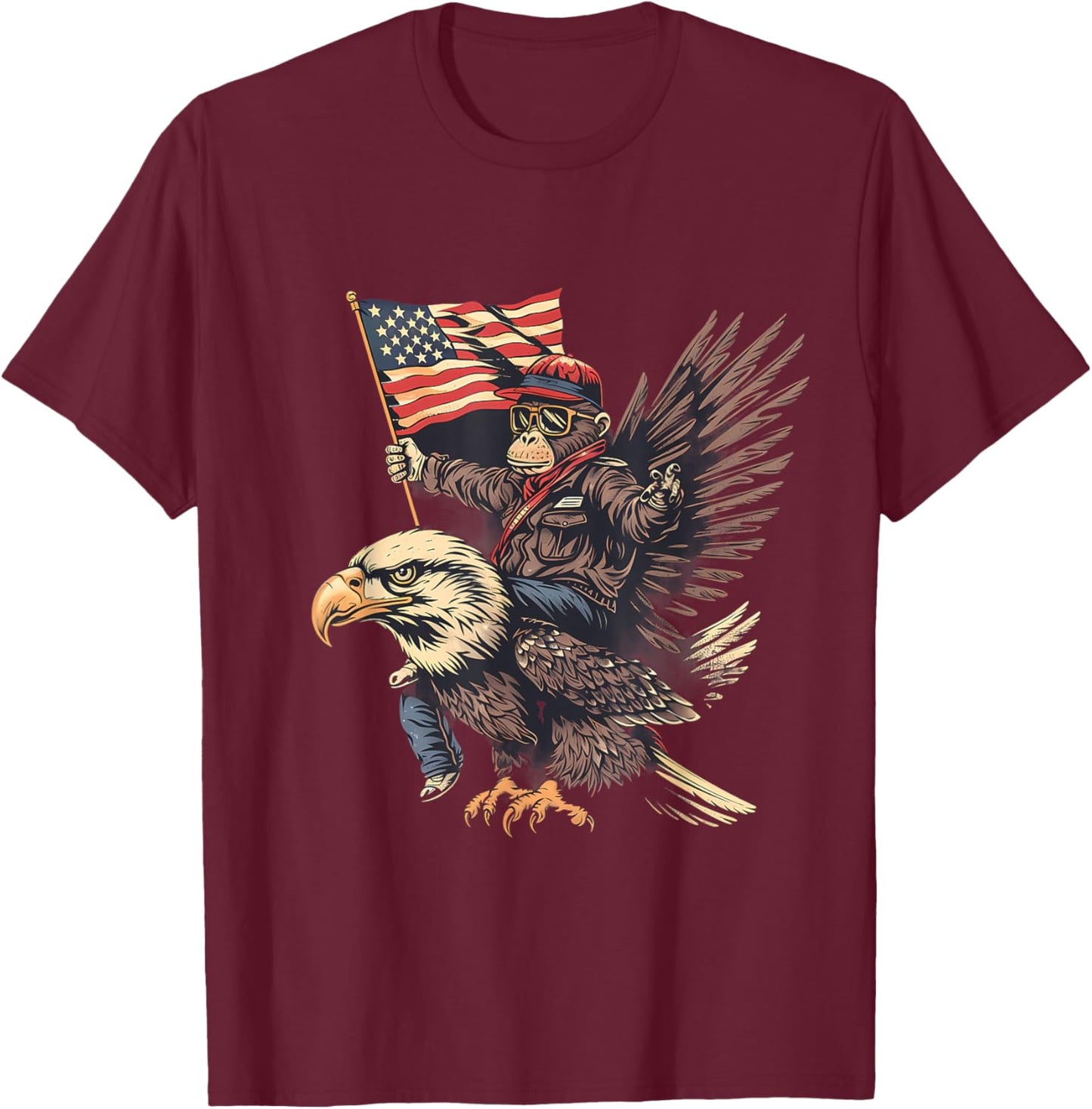 Funny Monkey Bald Eagle USA American Flag Fourth Of July Kids Men T-Shirt - T-Shirt | Maroon