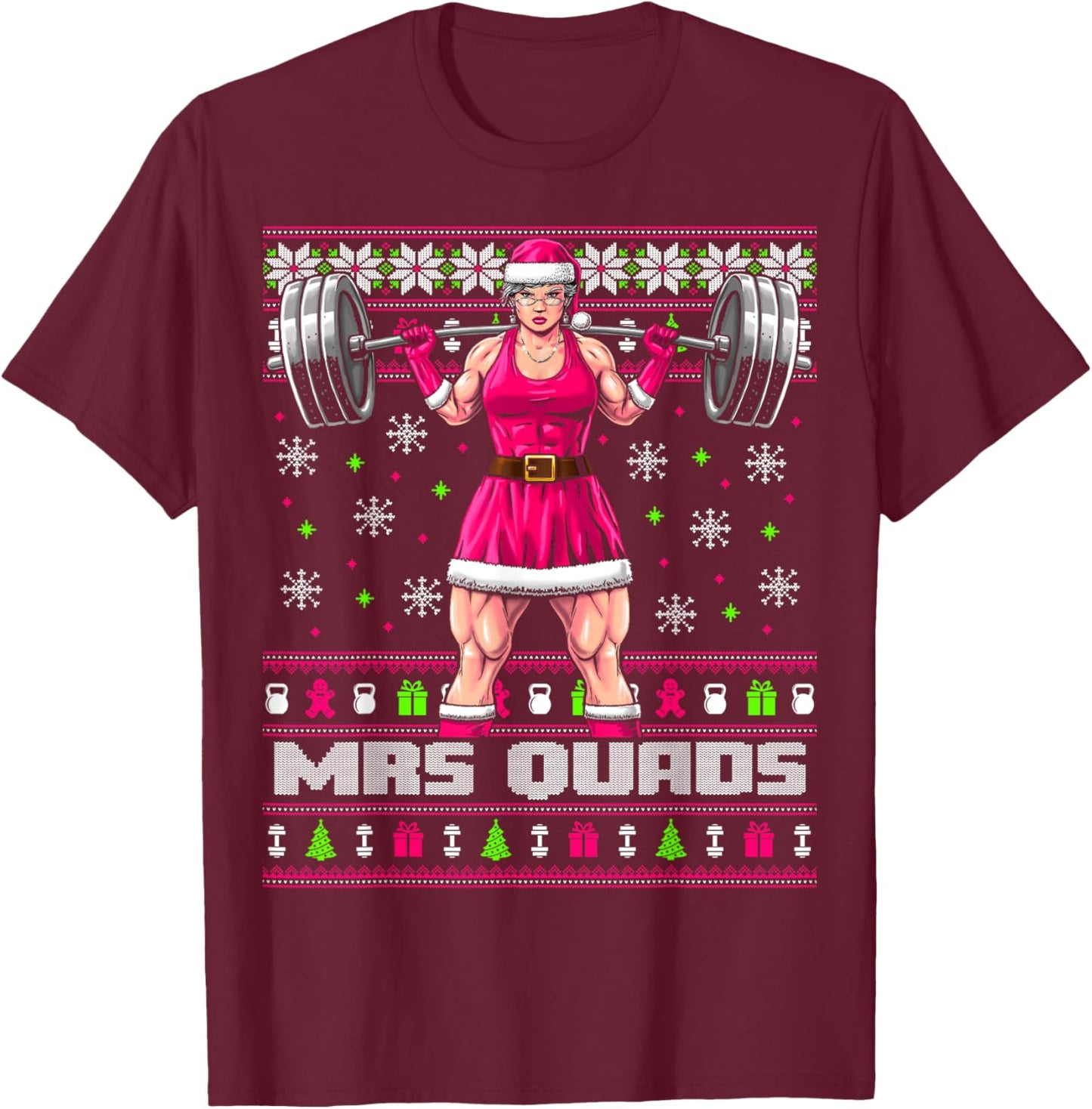Mrs. Quads Funny Gym Ugly Christmas Sweater Women Cute Pink T-Shirt - T-Shirt | Maroon