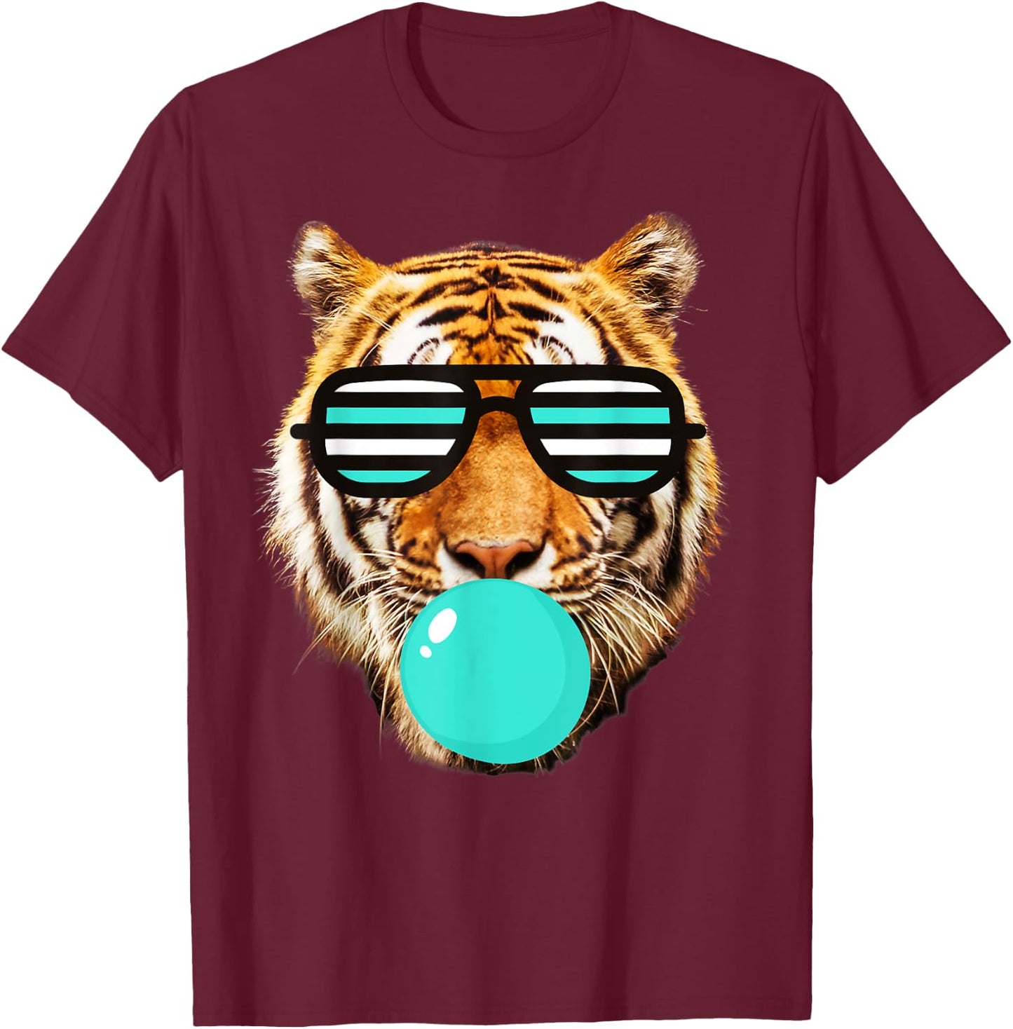 Turquoise bubble Gum tiger Stripe Cute Tiger with Sunglasses T-Shirt - T-Shirt | Maroon