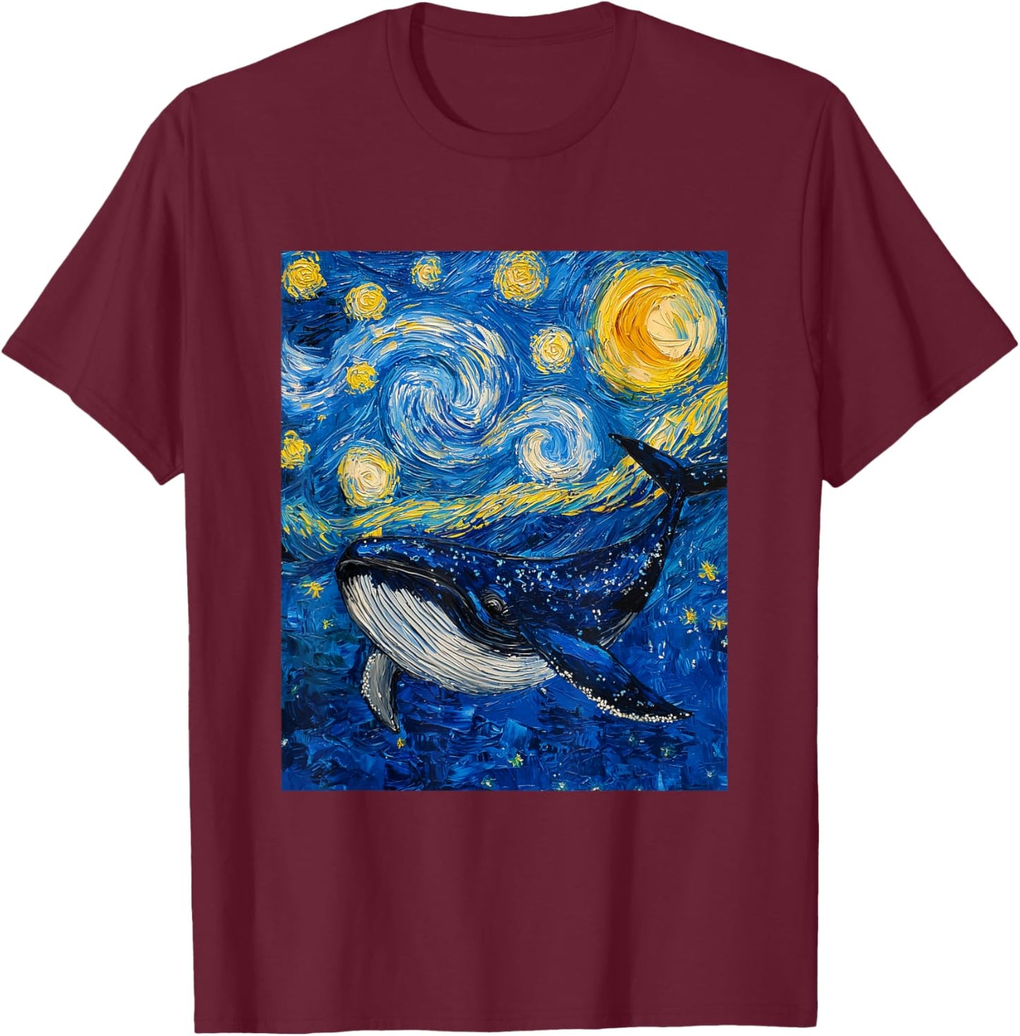 Whale Fish Van Gogh Style Starry Night Sea Graphic T-Shirt - T-Shirt | Maroon