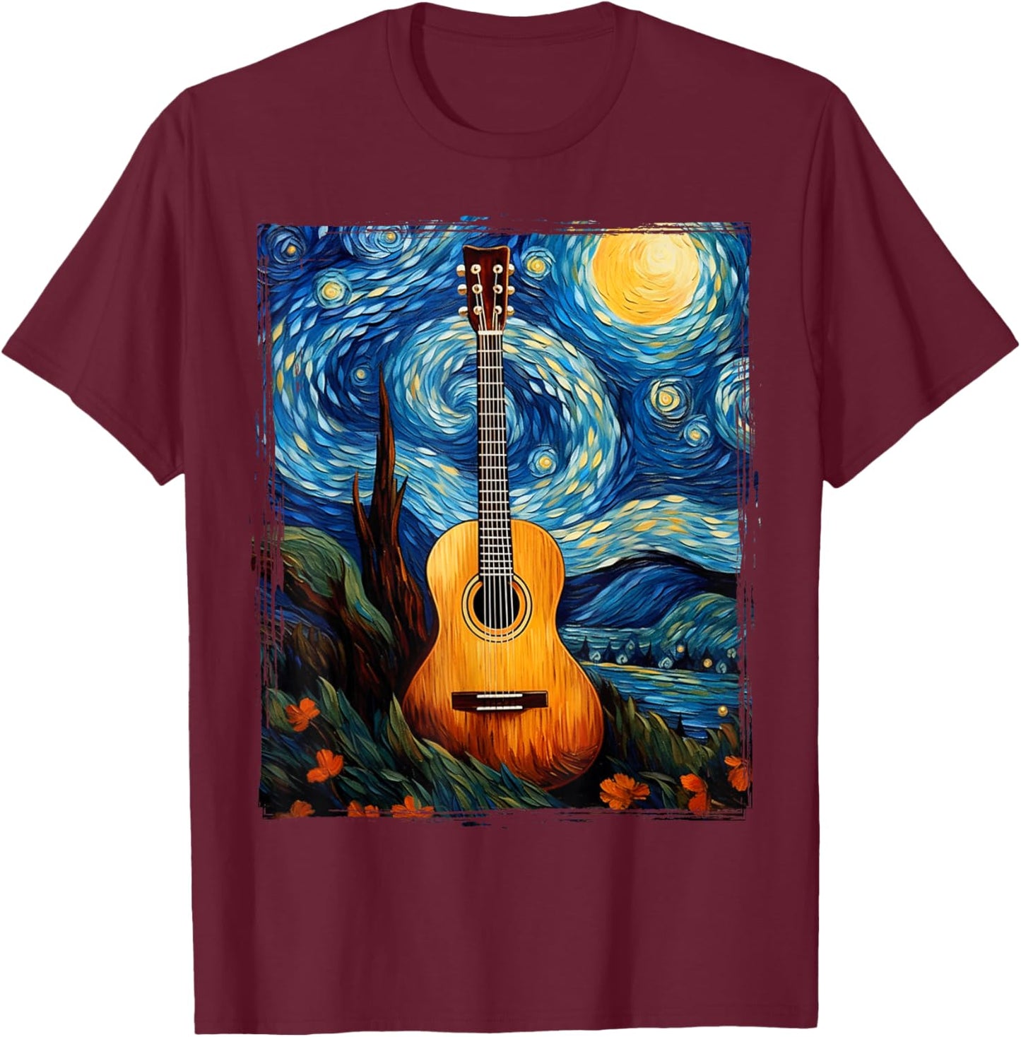 Acoustic Guitar Funny Art Van Gogh music instrument T-Shirt - T-Shirt | Maroon