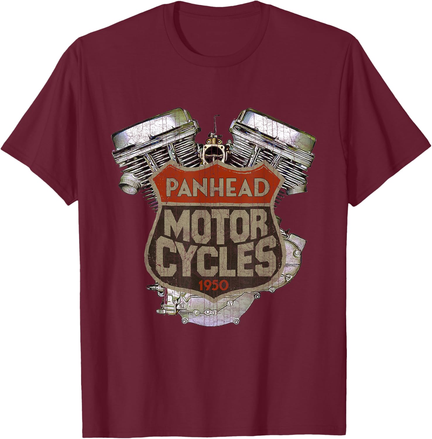 1950 Panhead Motorcycle Vintage Distressed Biker Chopper Rat T-Shirt - T-Shirt | Maroon