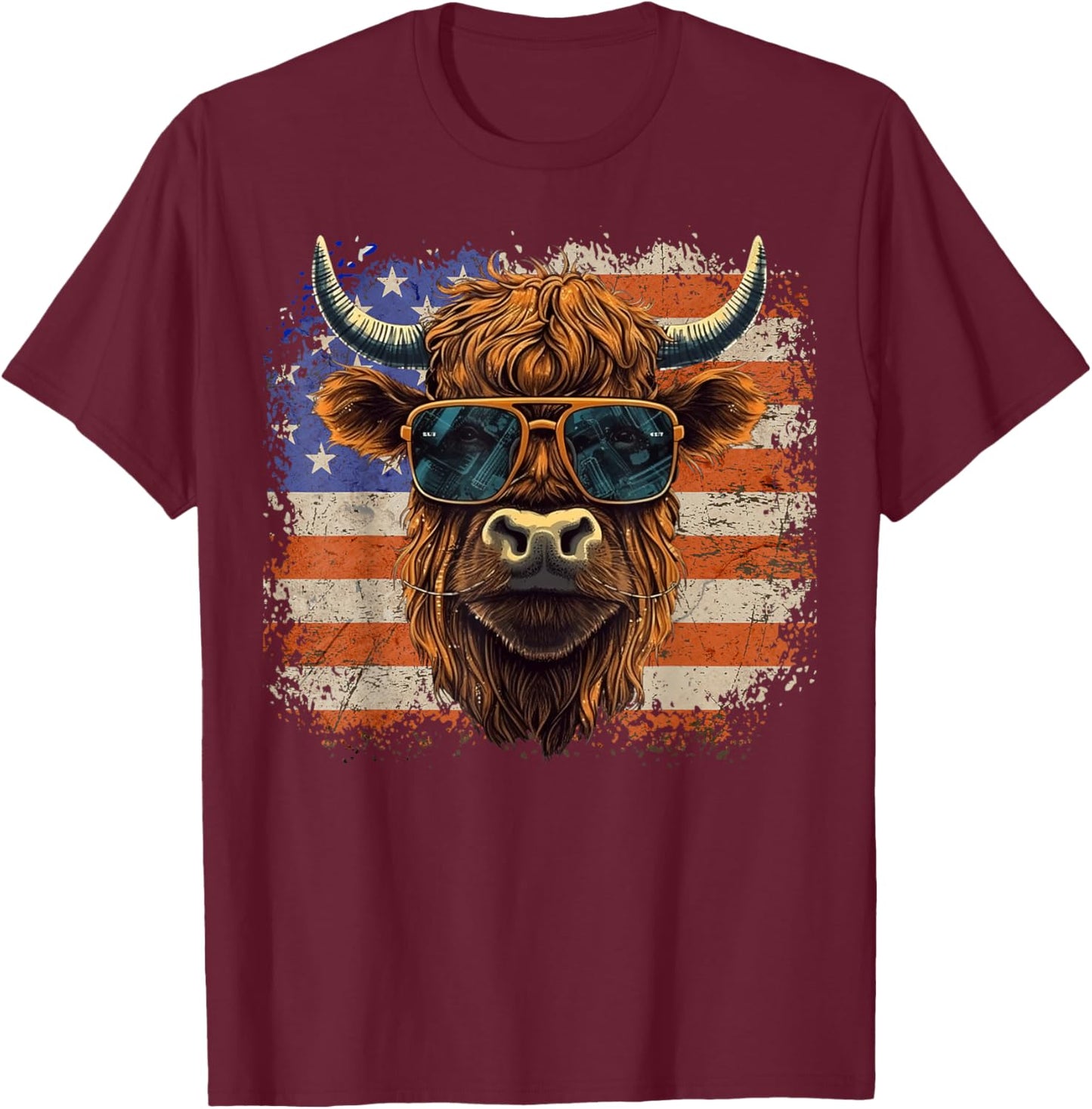 American Flag, Highland Cow-Fourth of July, Cow Lover Cool T-Shirt - T-Shirt | Maroon