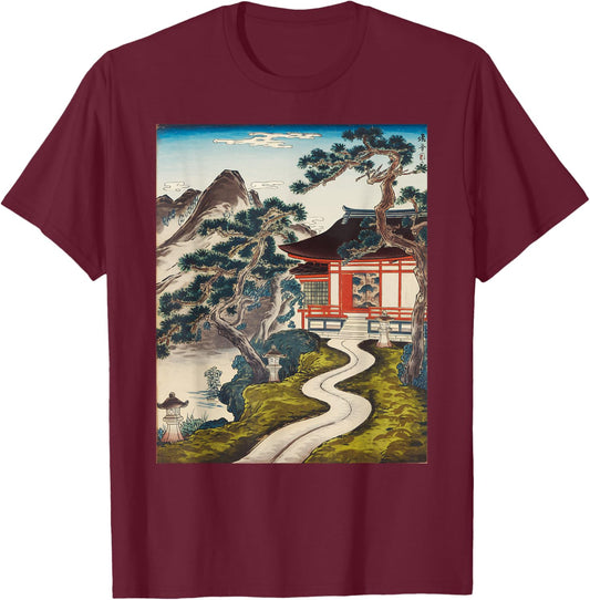 Japanese Buddhist Temple Zen Art Japanese Painting Vintage T-Shirt - T-Shirt | Maroon