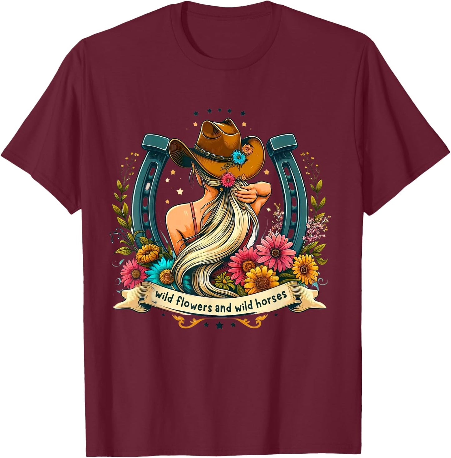 Retro Southern Sunset Cowgirl Wild Flowers - Wild Horses T-Shirt - T-Shirt | Maroon