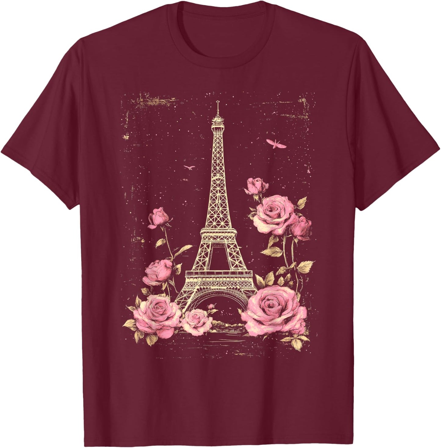 Vintage Paris Eiffel Tower Witn Pink Roses Floral T-Shirt - T-Shirt | Maroon