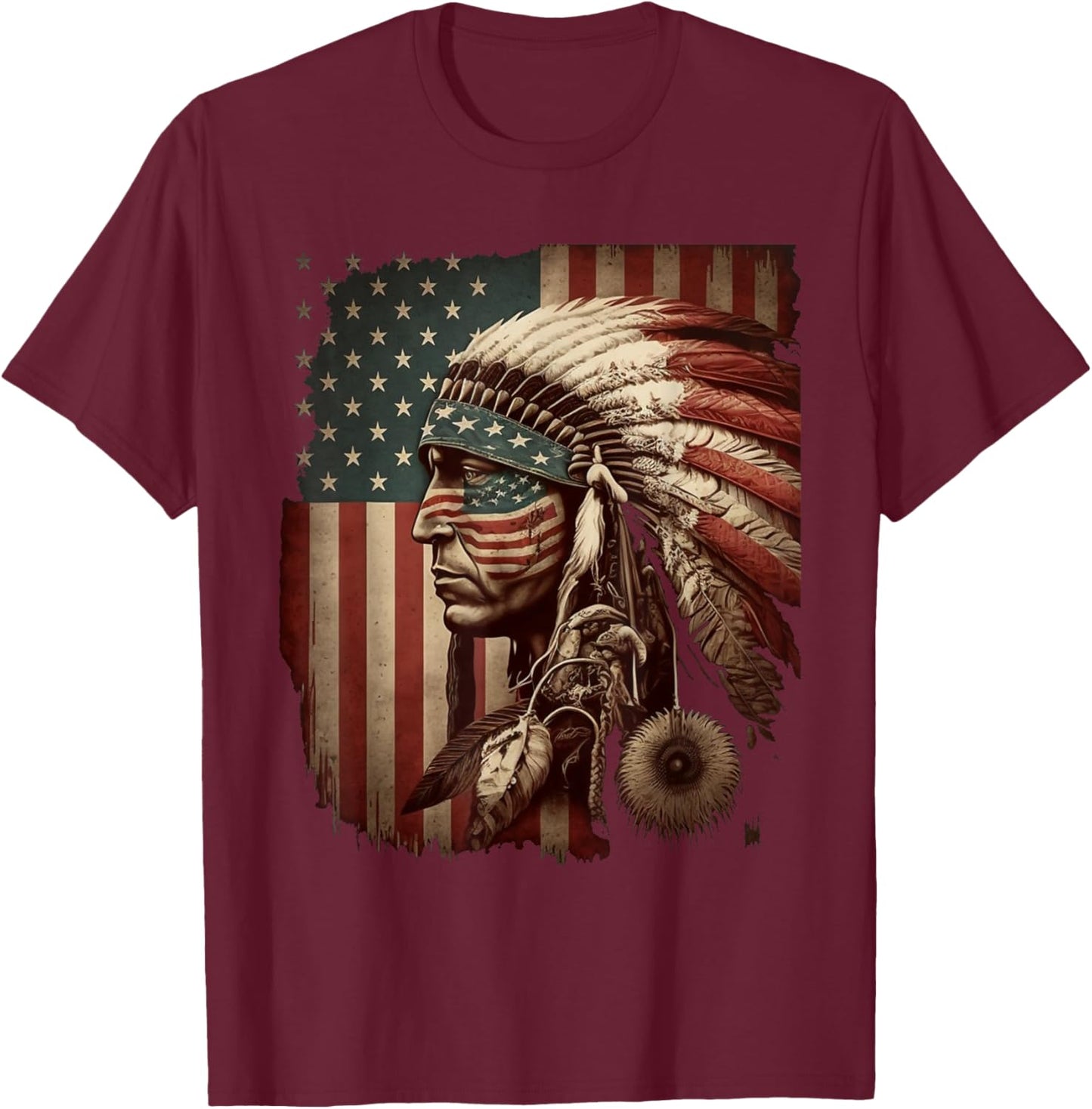 Indigenous People Tribal CG Native American Indian Chief American USA Flag T-Shirt - T-Shirt | Maroon