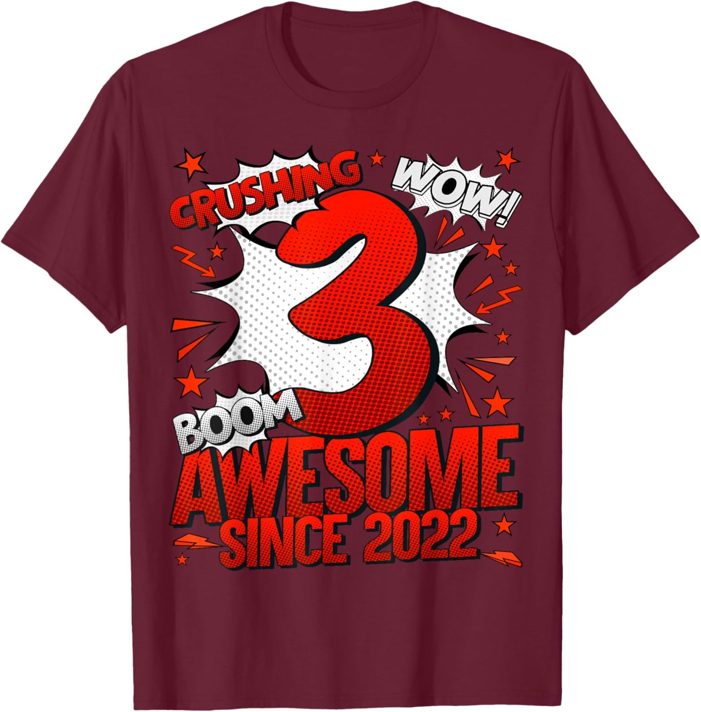 Comics Style 2025 Birthday Gifts HH 3 Year Old Boy Black Cartoon T-Shirt - T-Shirt | Maroon