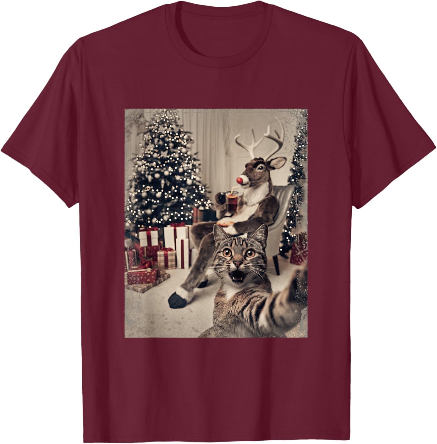 Funny Xmas Cat Selfie Reindeer Ugly Sweater Christmas Outfit T-Shirt - T-Shirt | Maroon