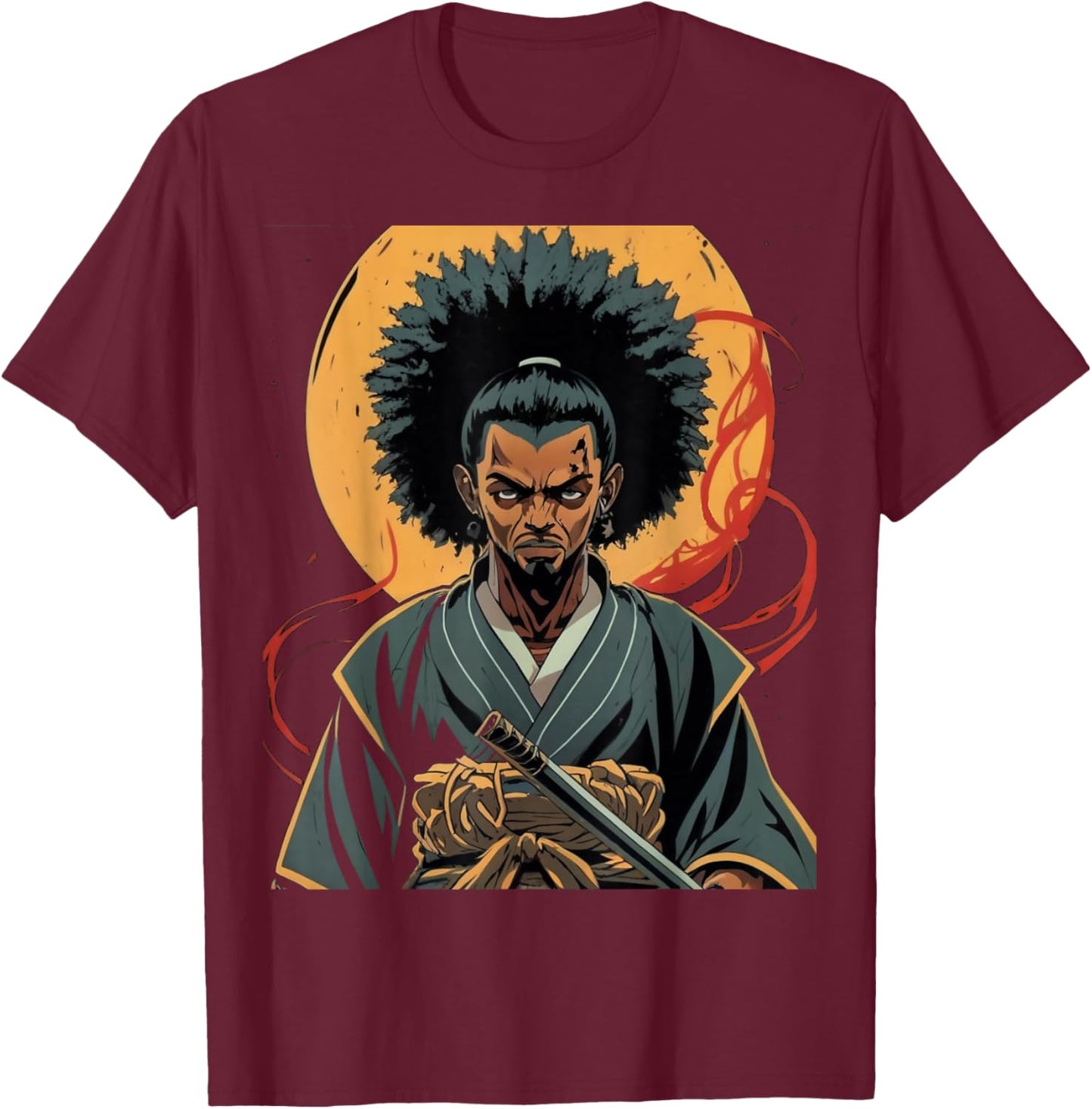 Afro American Samurai Anime Cartoon Japanese Bushido Warrior T-Shirt - T-Shirt | Maroon
