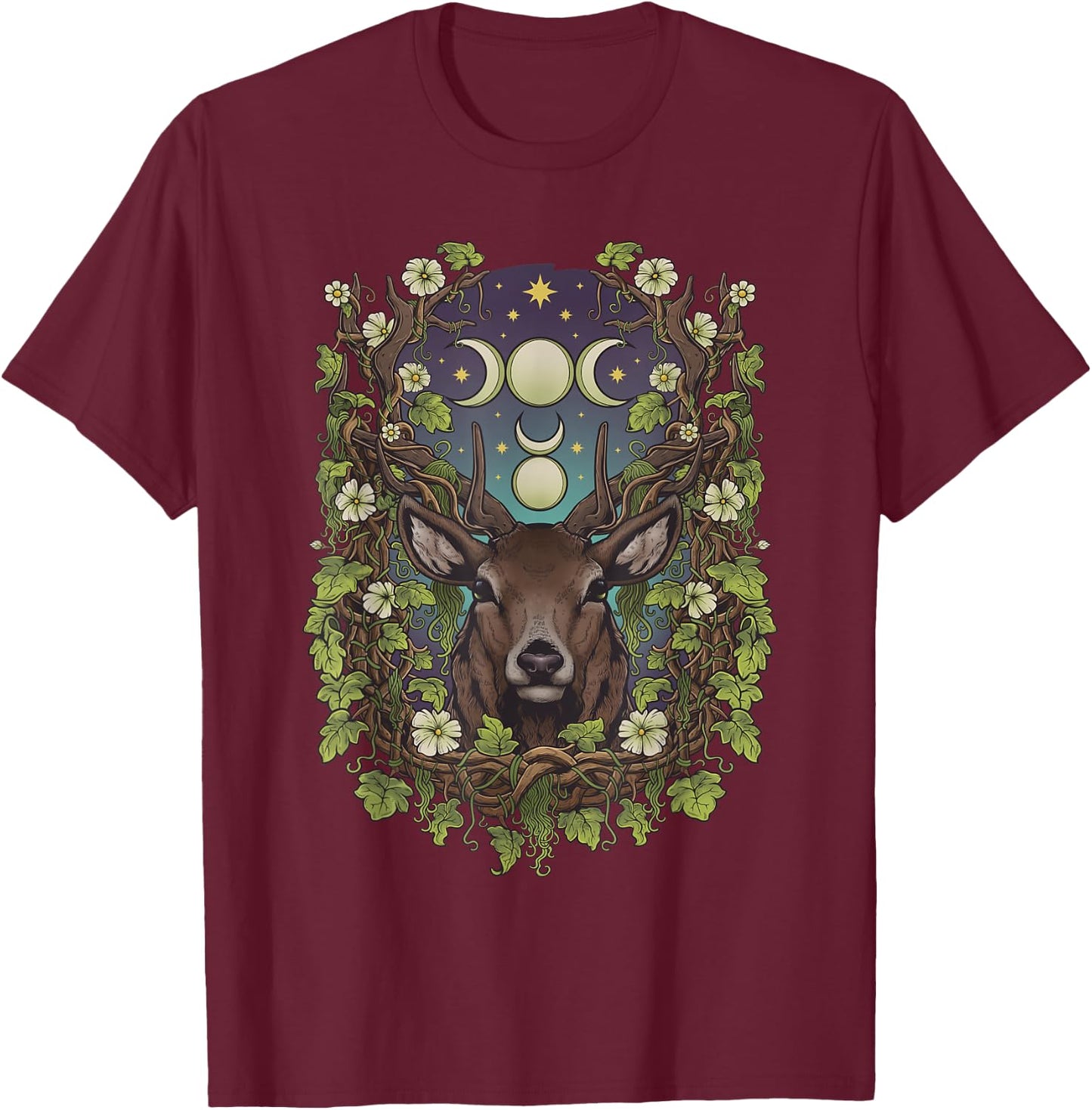 Art Nouveau Cernunnos Stag Bohemian Nature Moon Phases Wicca T-Shirt - T-Shirt | Maroon