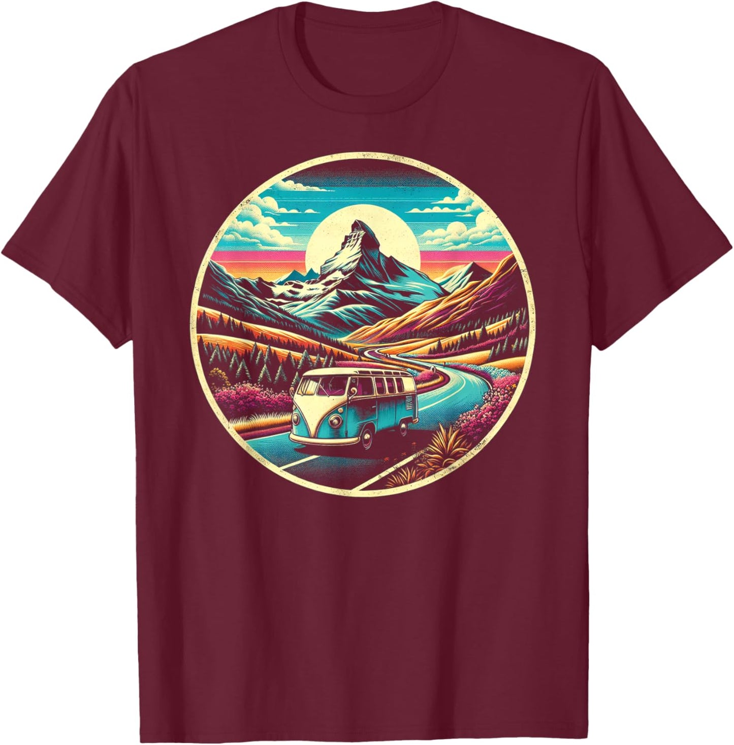 Scenic Routes Classic Van Road Trip Graphic - -Adults, Kids - Black - Small - Short Sleeve T-Shirt - T-Shirt | Maroon