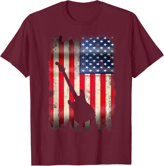 Guitarist USA American Flag 4th of July Patriotic Guitar T-Shirt - T-Shirt | Maroon