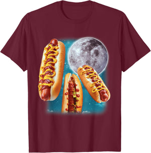 Three Hot Dogs Glizzy Moon Howling Funny Meme T-Shirt - T-Shirt | Maroon