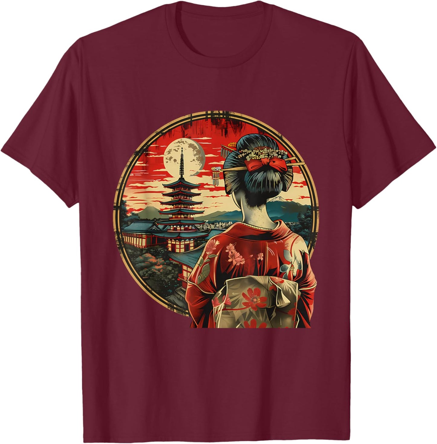 Japanese Geisha Pagoda Geisha Girl Kimono Traditional Art T-Shirt - T-Shirt | Maroon