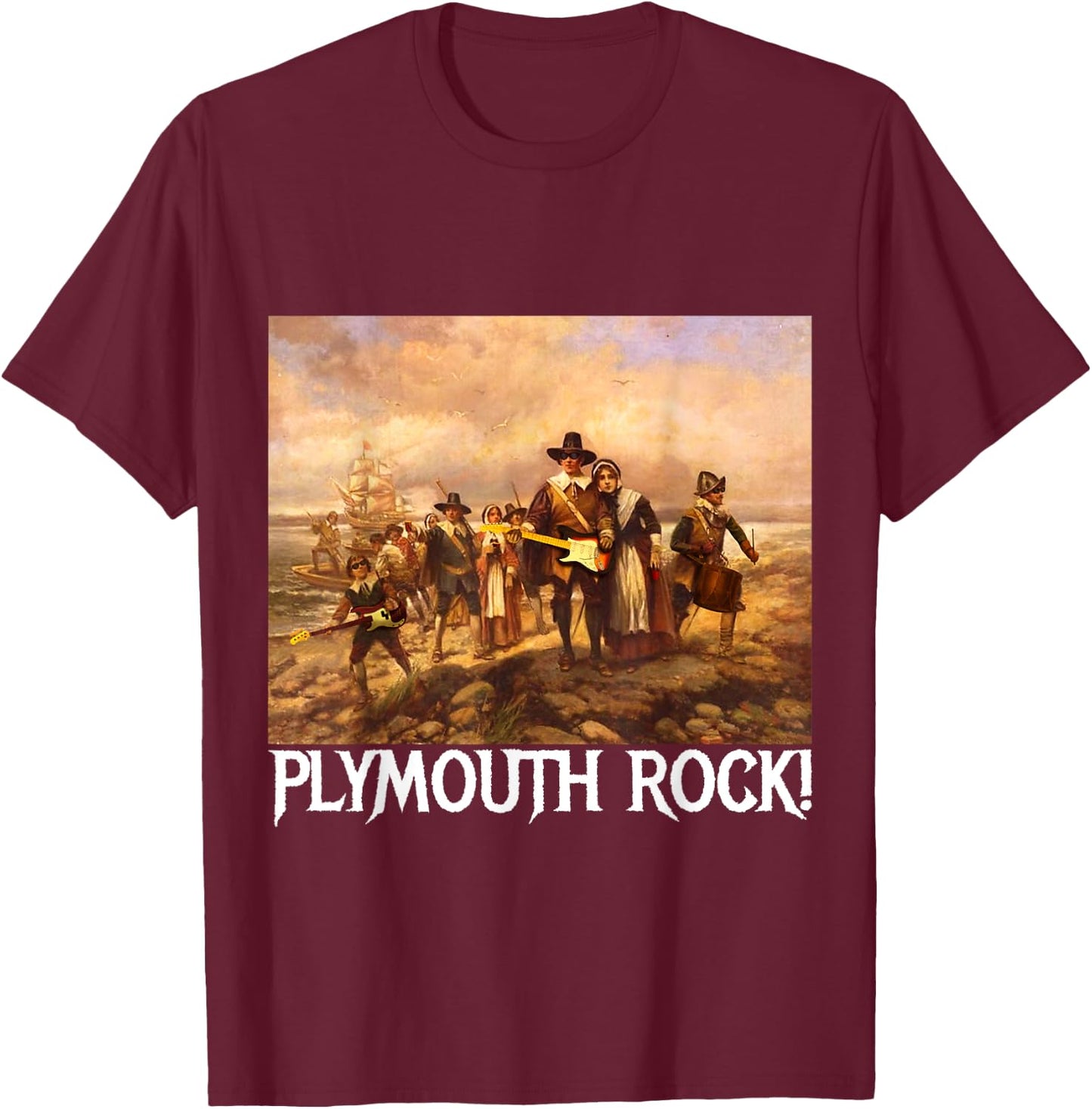 Plymouth Rock! Thanksgiving Pilgrims Rocking Guitars & Drum T-Shirt - T-Shirt | Maroon