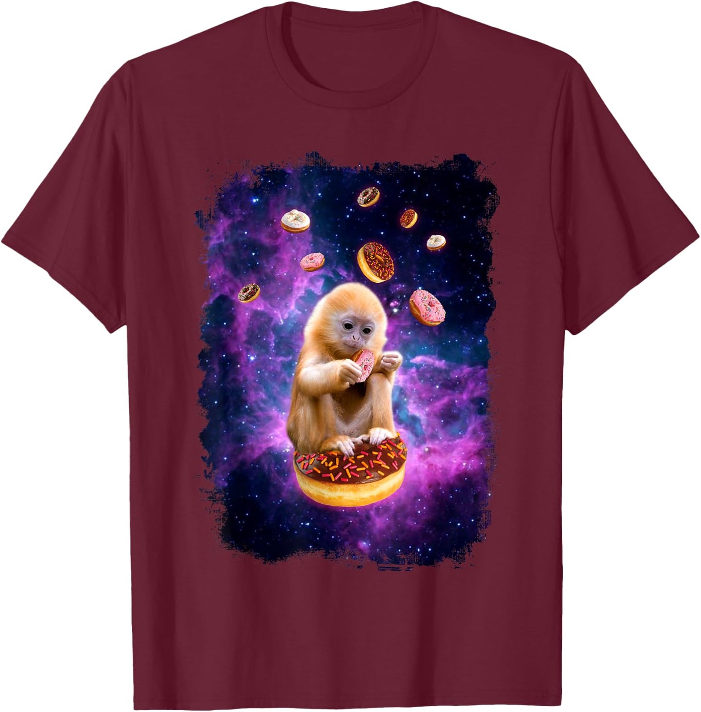 Monkey Eating Donuts in Space - Funny Animal Monkey T-Shirt - T-Shirt | Maroon