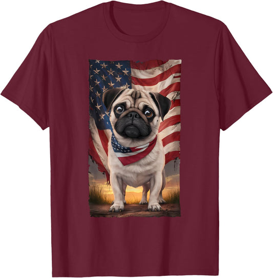 Patriotic pug American Flag Top Hat 4th of July Dog T-Shirt - T-Shirt | Maroon