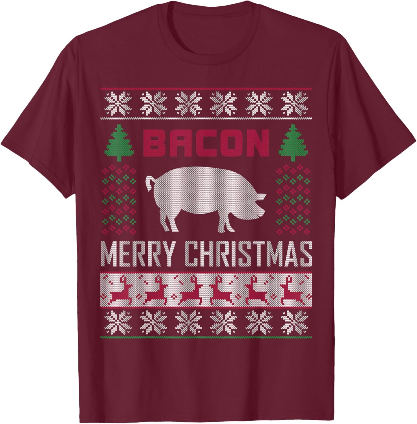 Bacon Pig Christmas Design Funny Holiday Ugly Sweater Style T-Shirt - T-Shirt | Maroon