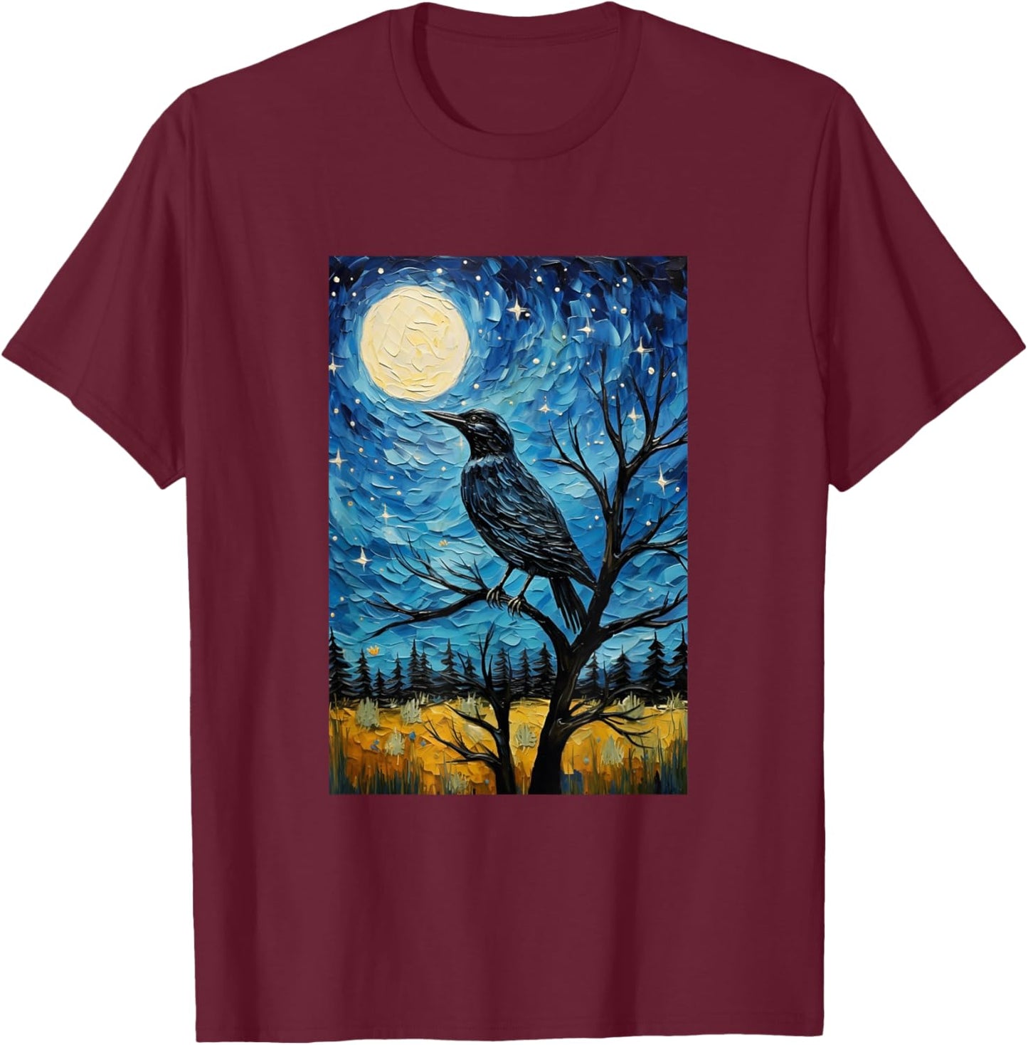 Magpie Crow Raven Bird - Van Gogh Style - Starry Night T-Shirt - T-Shirt | Maroon